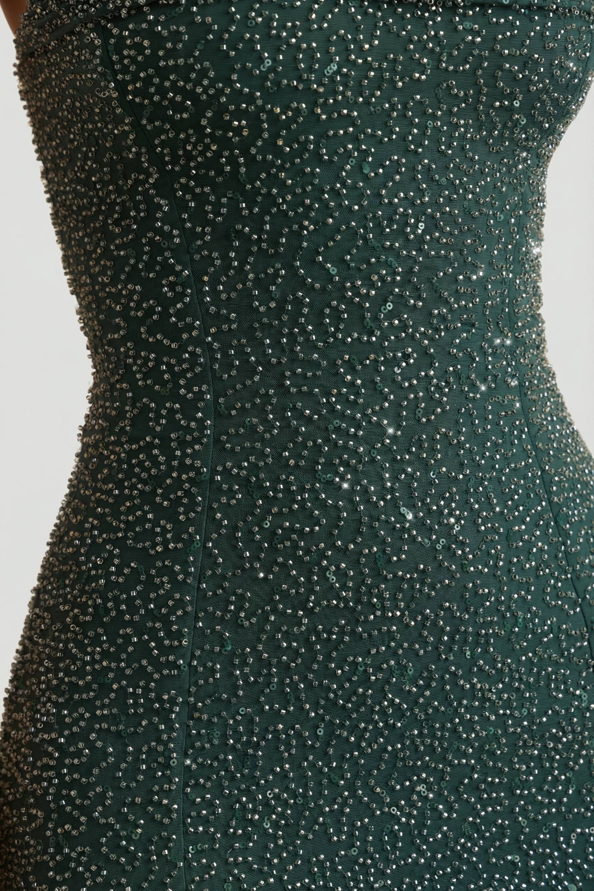Embellished Strapless Cowl Neck Maxi Dress in Emerald Green