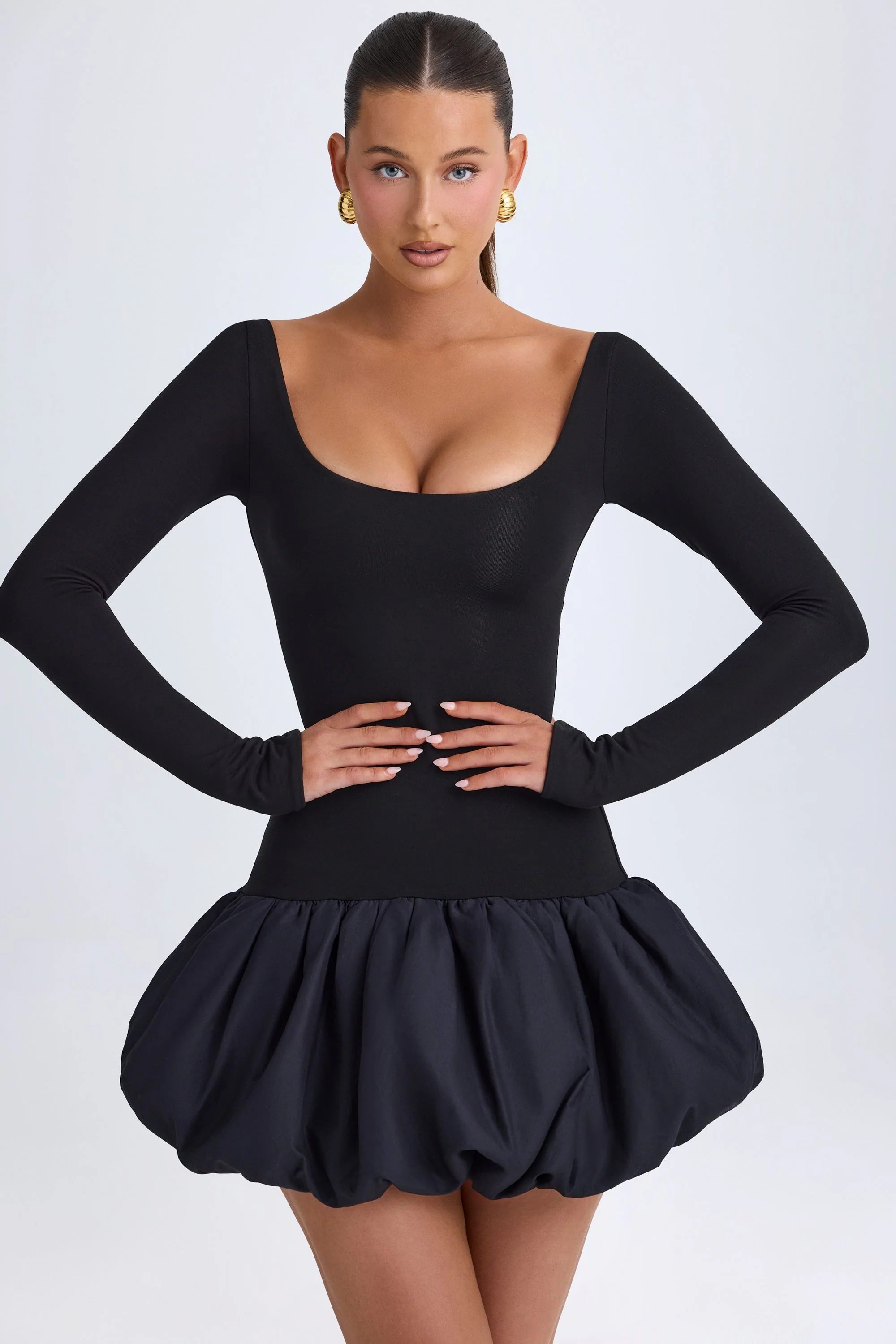 Modal Scoop Neck Drop Waist Bubble Hem Mini Dress in Black