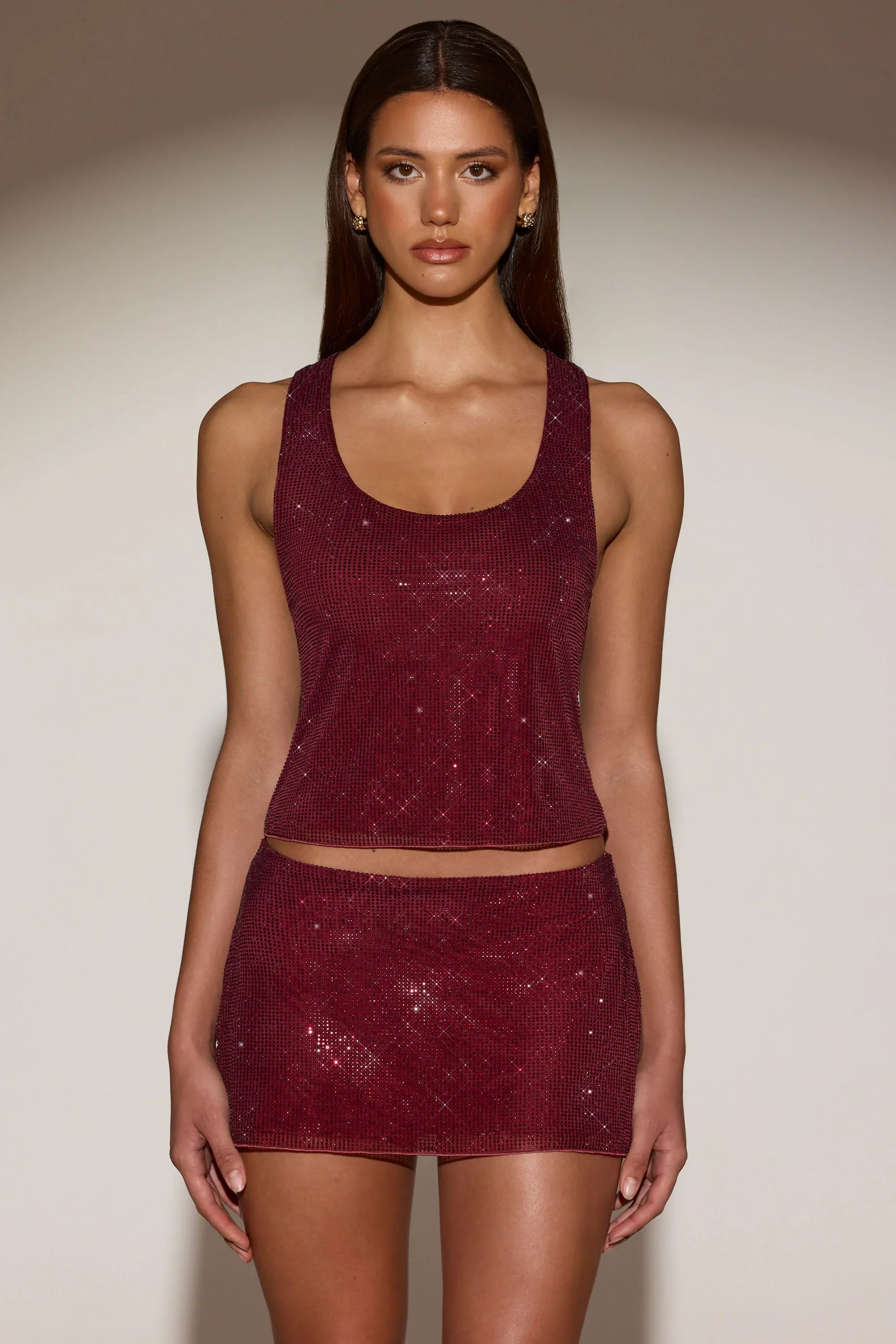 Embellished Mid Rise A Line Mini Skirt in Burgundy