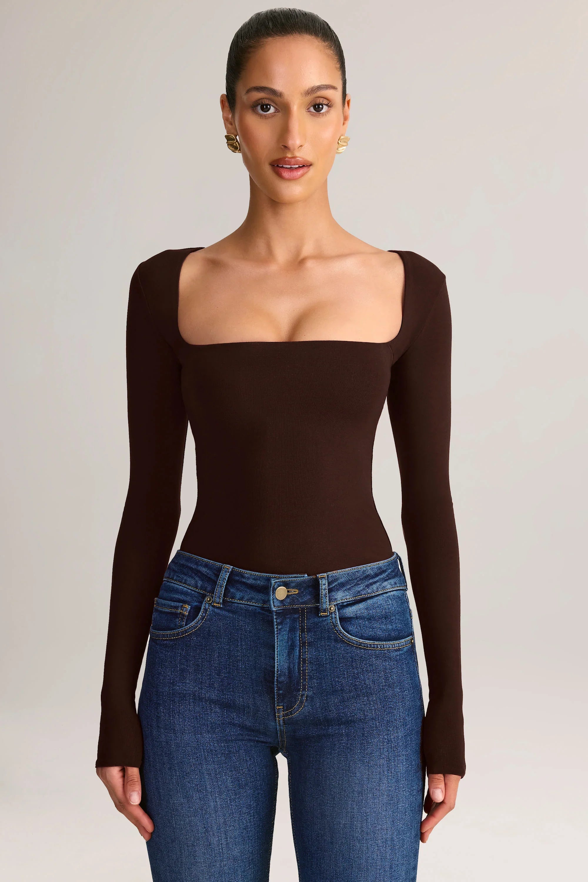 Modal Square Neck Long Sleeve Top in Chocolate Brown