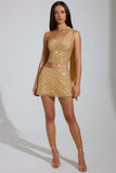 Embellished Low Rise A Line Micro Mini Skirt in Gold