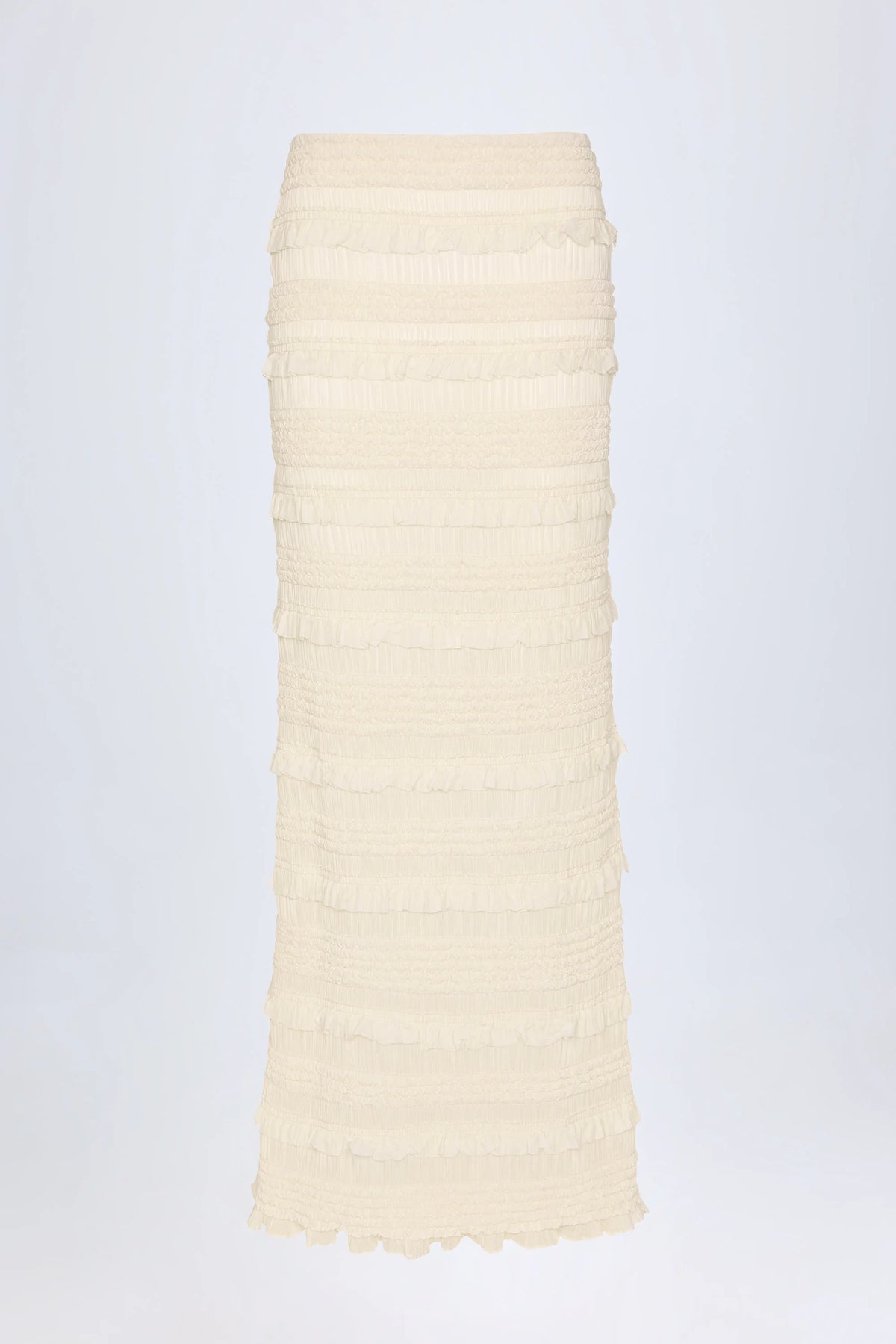 Ruffled Mid Rise Maxi Skirt in Ivory