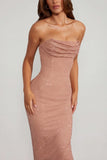 Embellished Bandeau Cowl Neck Maxi Dress in Beige