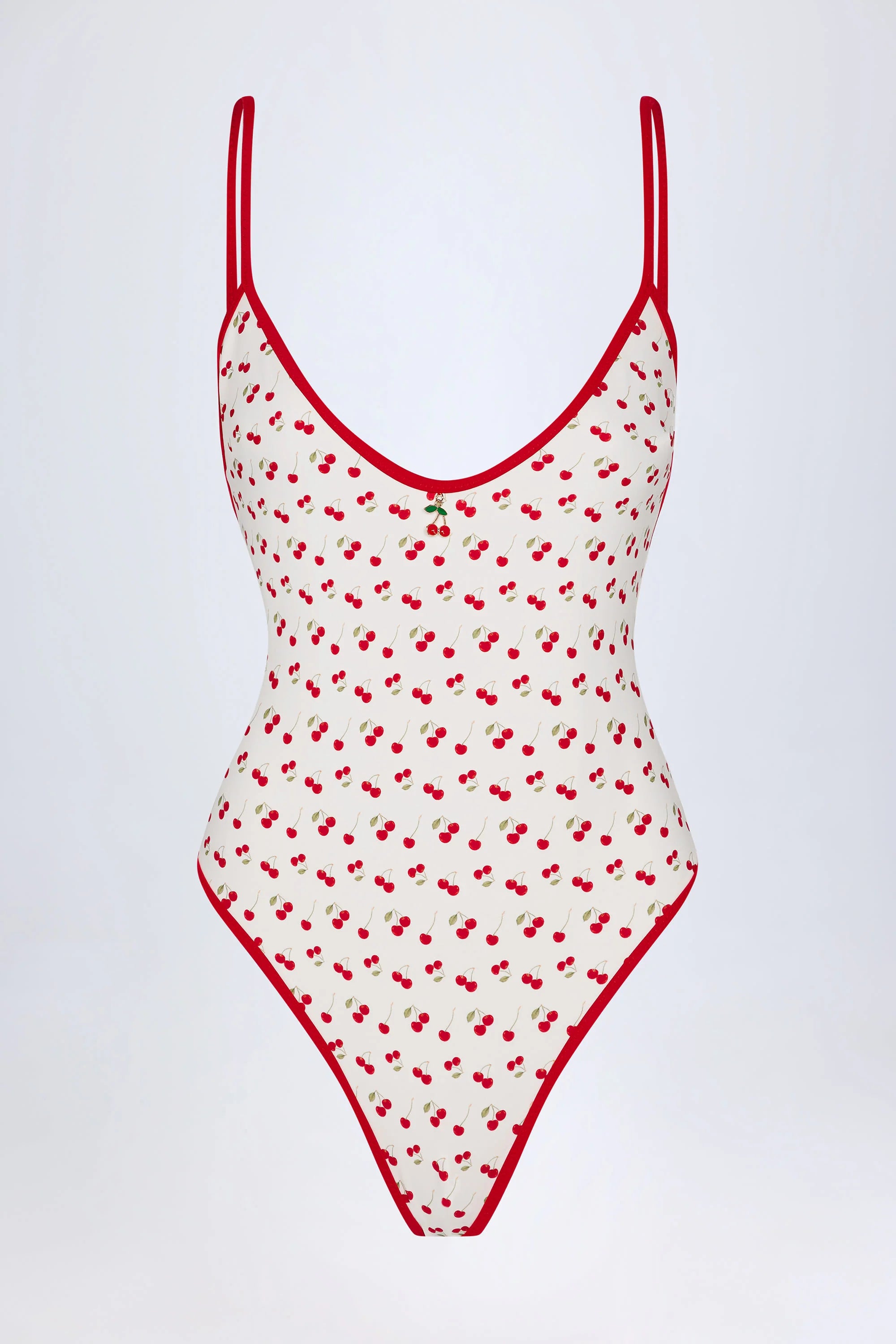 Charm Detail Cross Back Swimsuit in Cherry Print