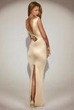 Satin Boat Neck Twist Back Maxi Dress in Champagne