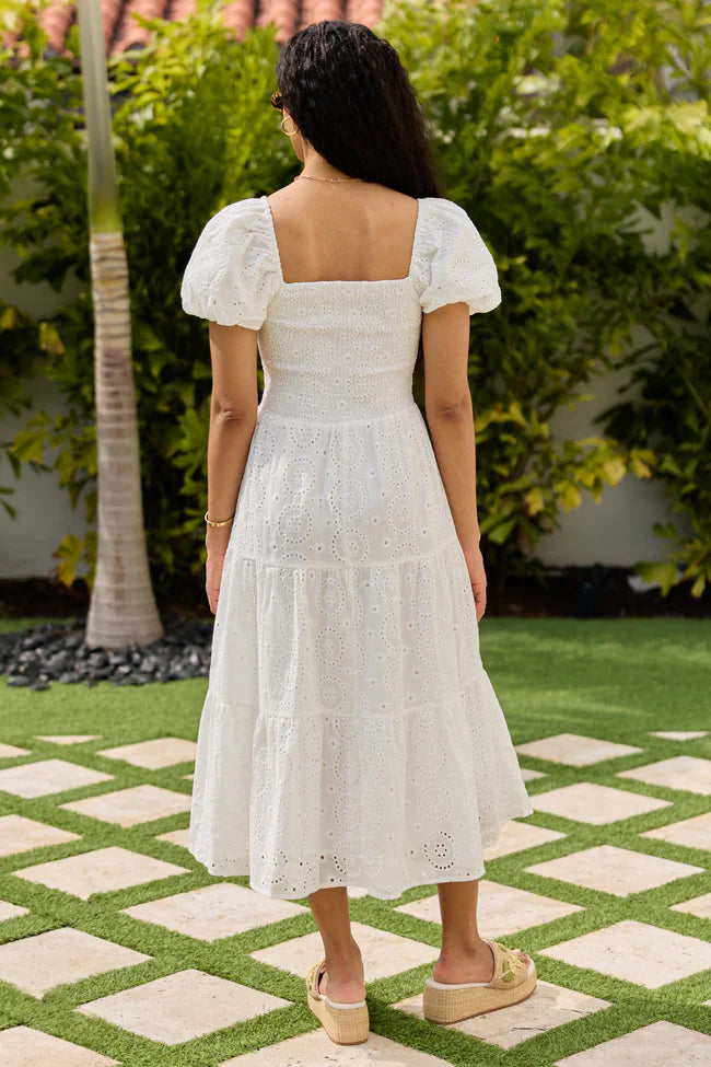 Forget Me Not White Eyelet Short Sleeve Midi Dress