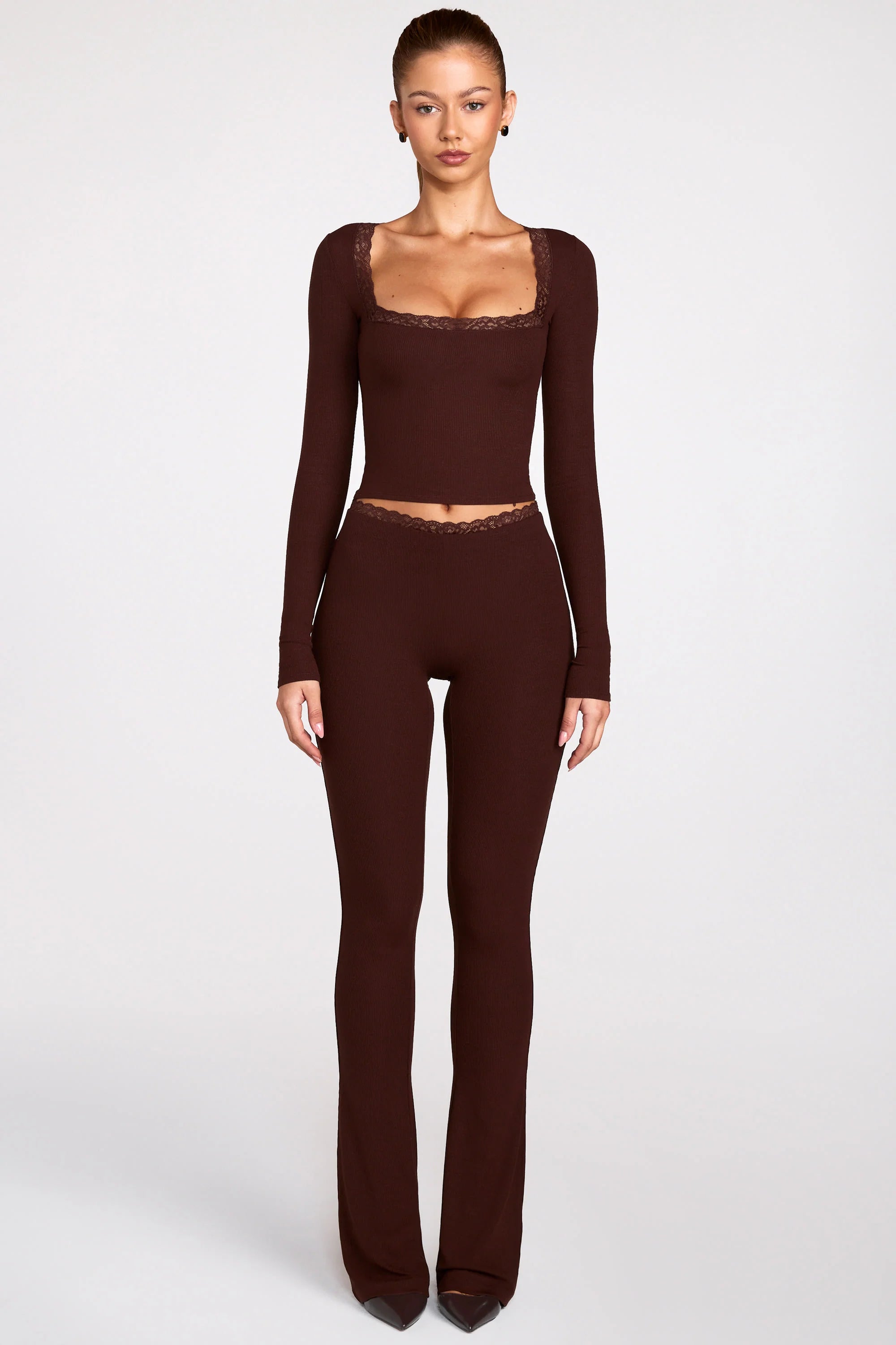 Ribbed Modal Square Neck Long Sleeve Top in Chocolate Brown