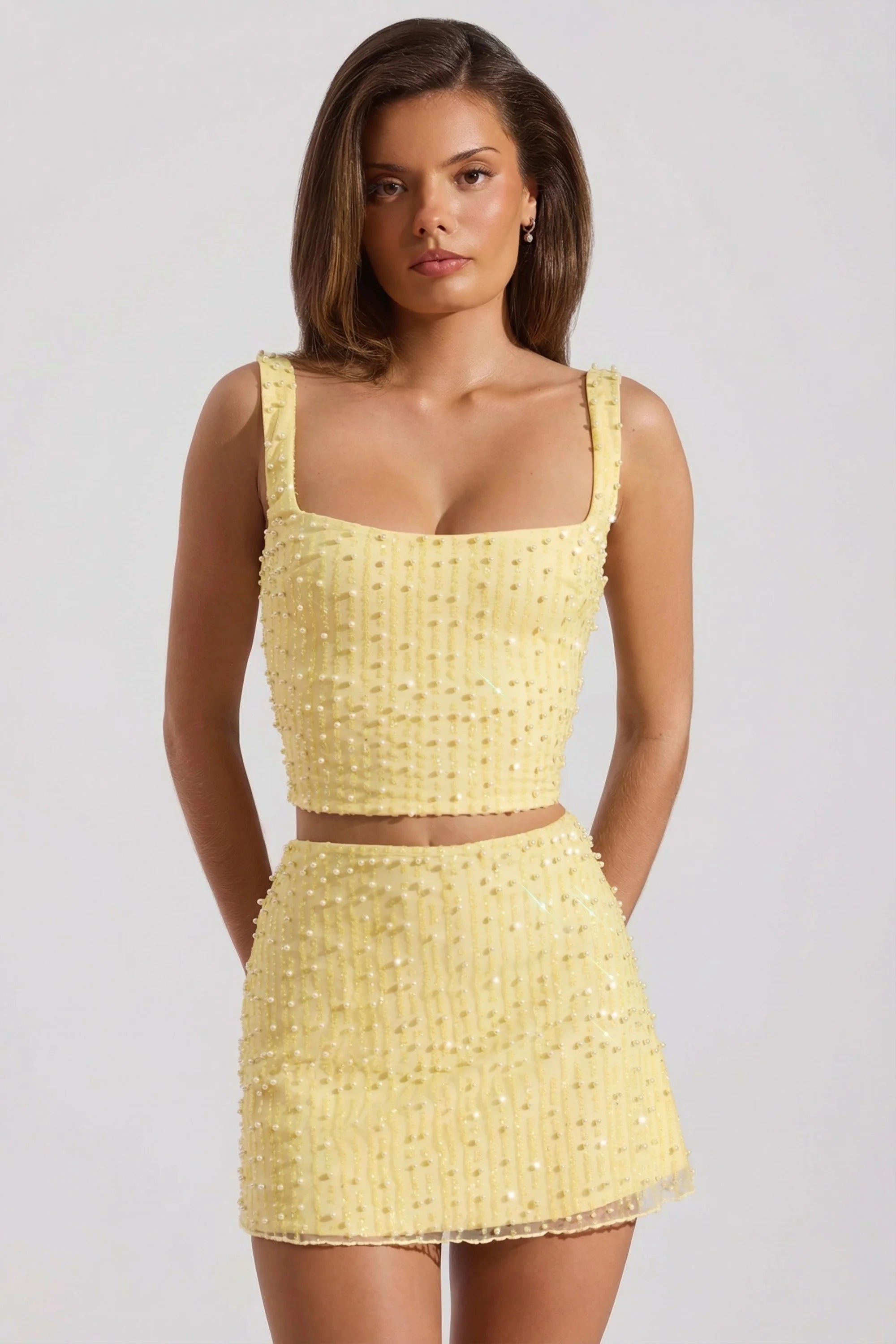 Embellished Low Rise Mini Skirt in Yellow
