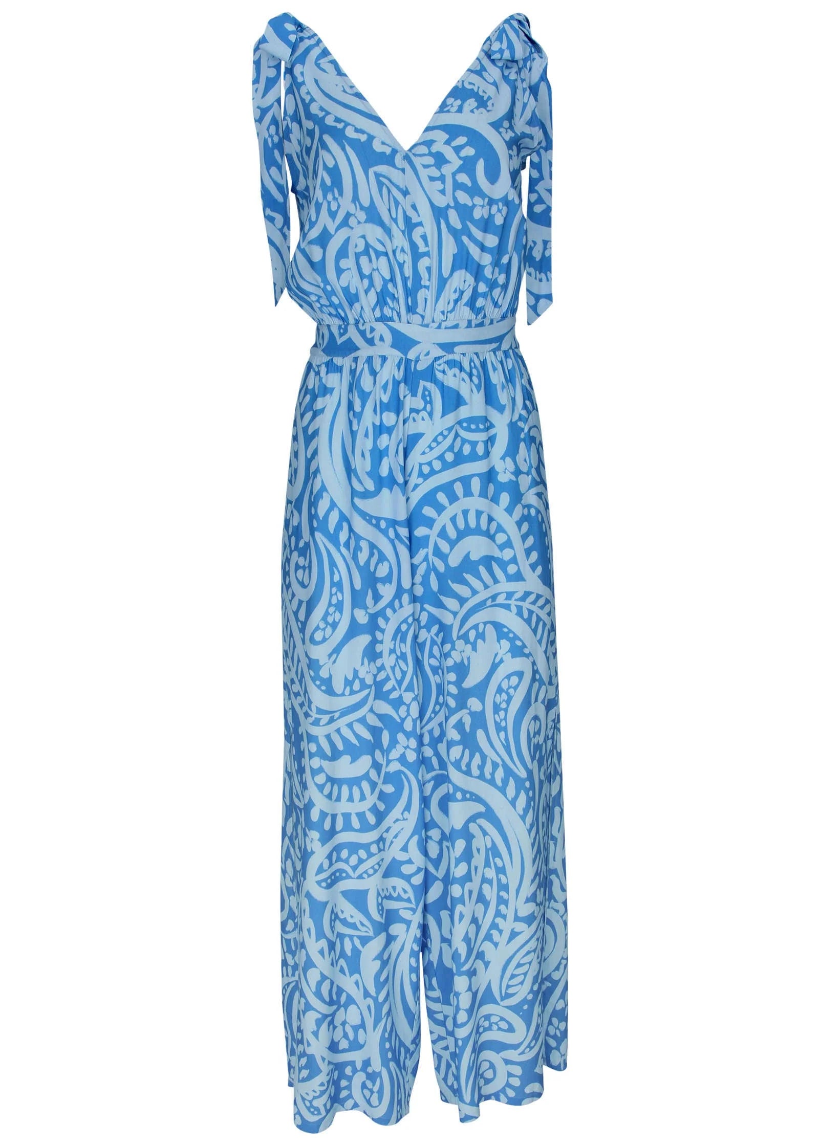 Tie Strap Wide Leg Jumpsuit Blue Allover Spring Paisley