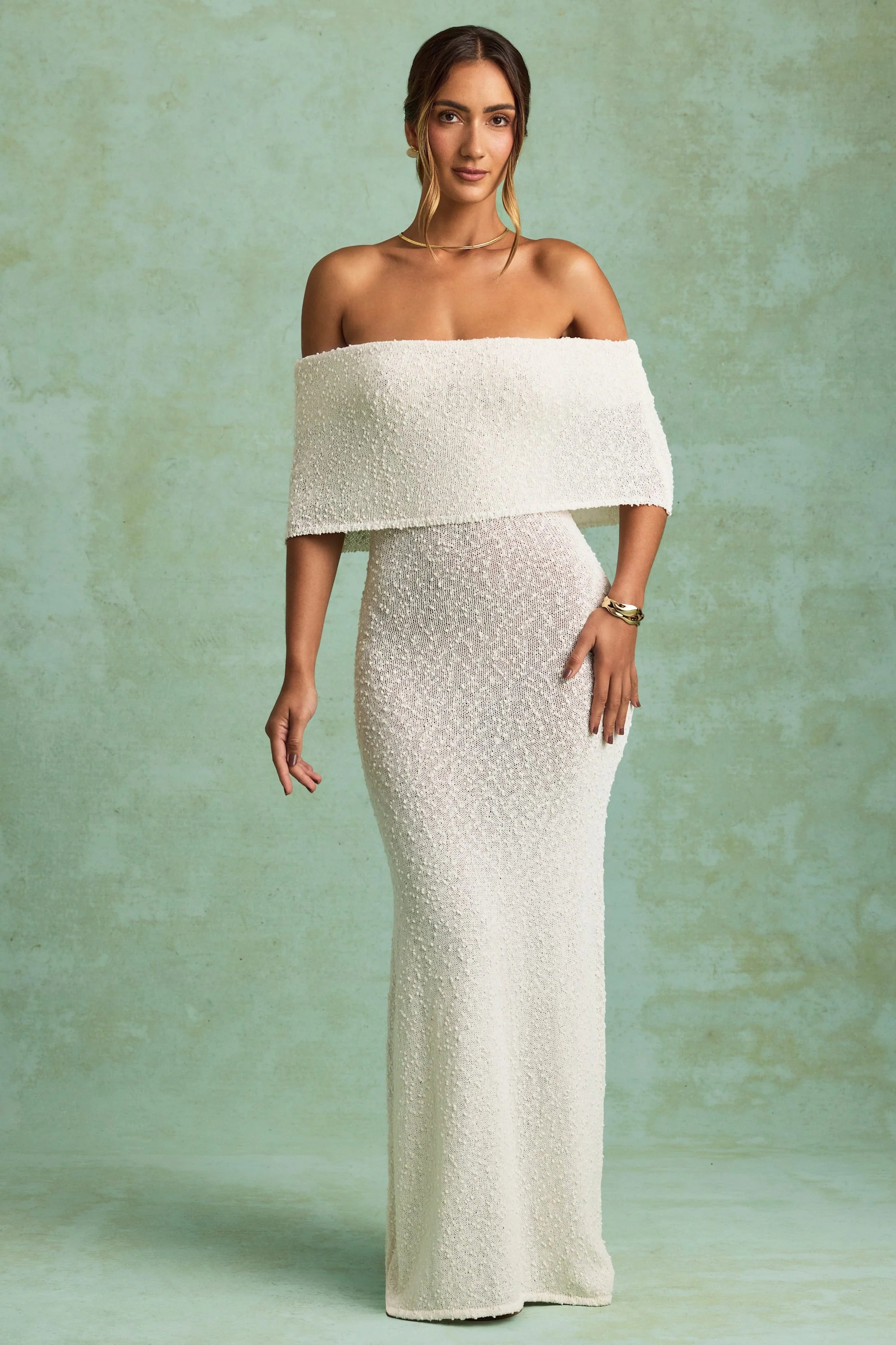 Bouclé Off Shoulder Maxi Dress in White