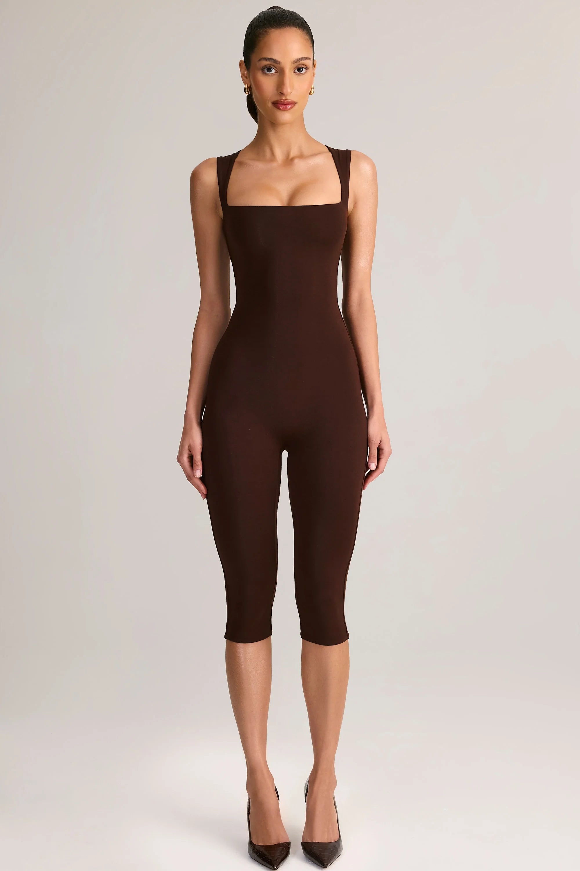 Modal Square Neck Bodycon Capri Jumpsuit in Chocolate Brown
