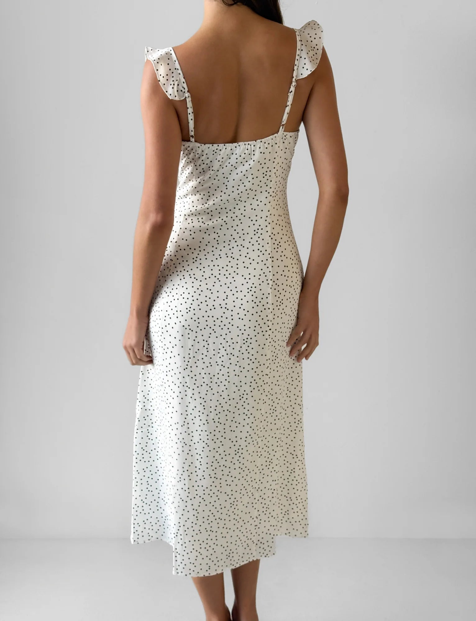 LOTTIE RUFFLE MIDI DRESS WHITE POLKA
