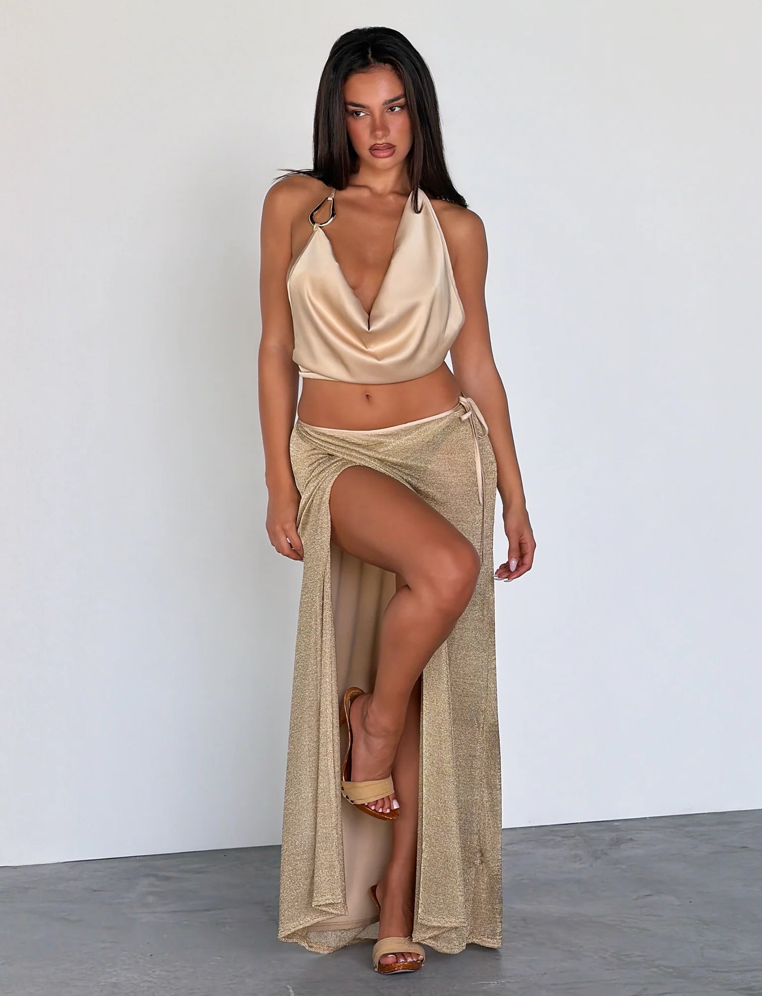 CYRENE SATIN COWL TOP GOLD