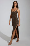 Embellished Scoop Neck Thigh Split Maxi Dress in Brown