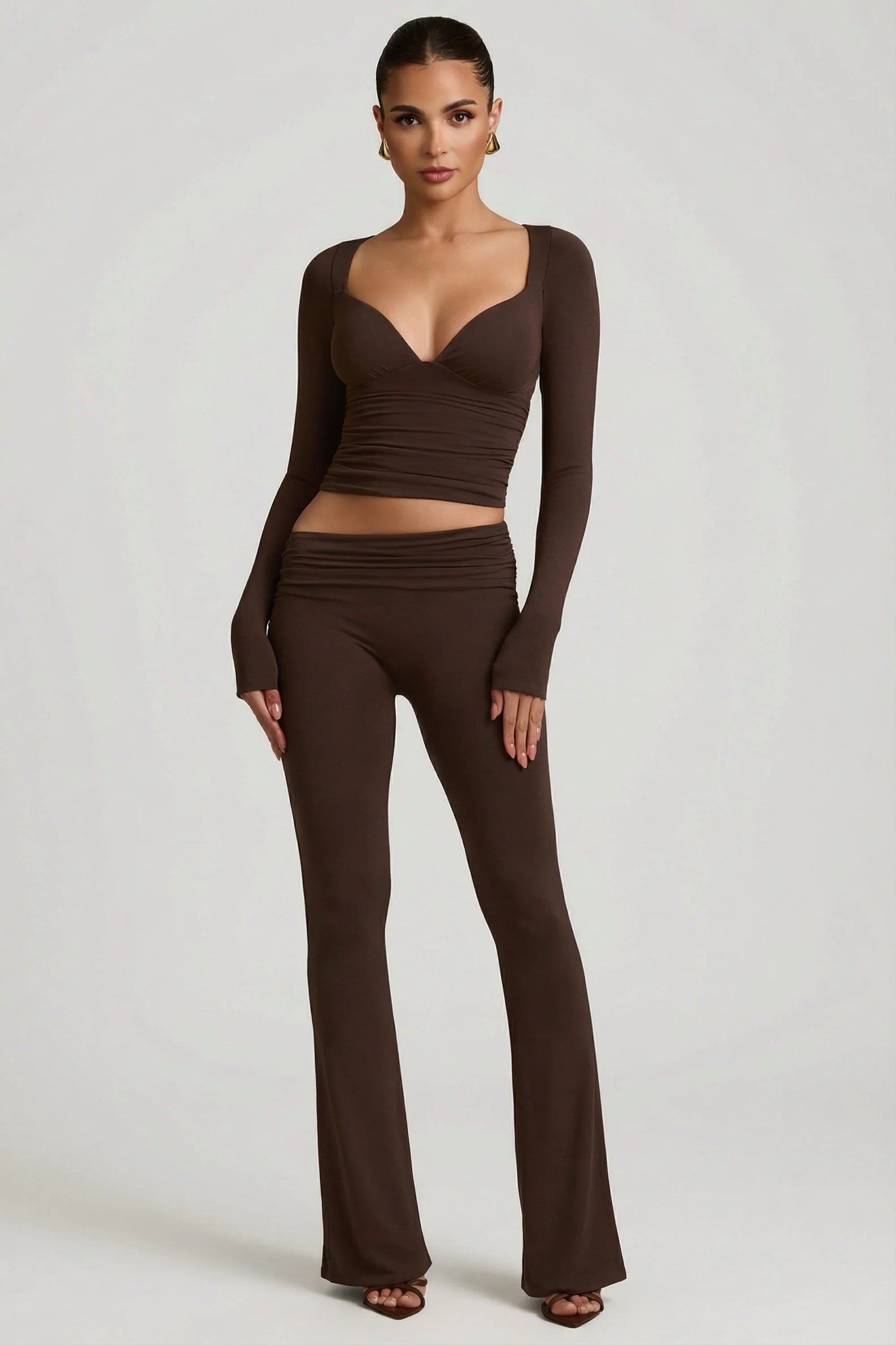 Modal Ruched Long Sleeve Top in Chocolate Brown