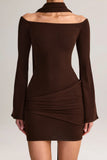 Knit Scarf Detail Off Shoulder Mini Dress in Chocolate Brown