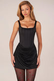 Lace Up Draped Mini Dress in Black