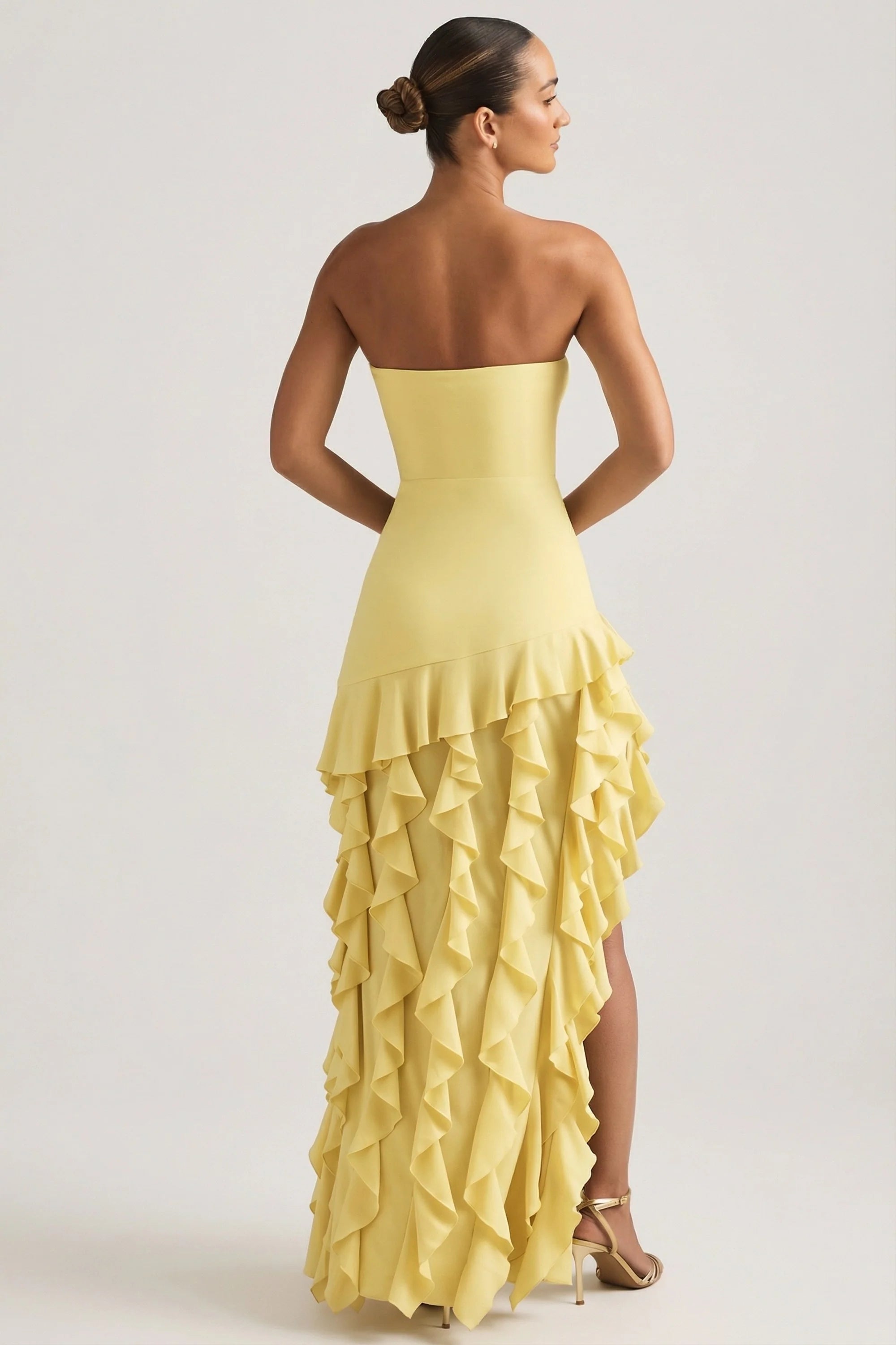 Ruffle Trim Strapless Gown in Pastel Yellow