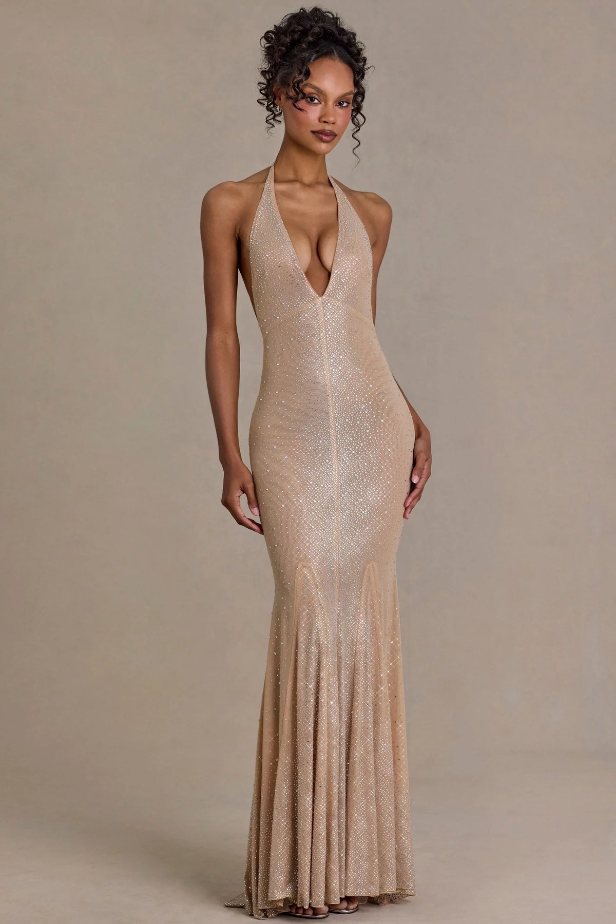 Embellished Plunge Neck Open Back Gown in Beige Gold