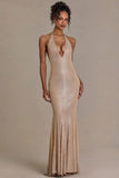 Embellished Plunge Neck Open Back Gown in Beige Gold