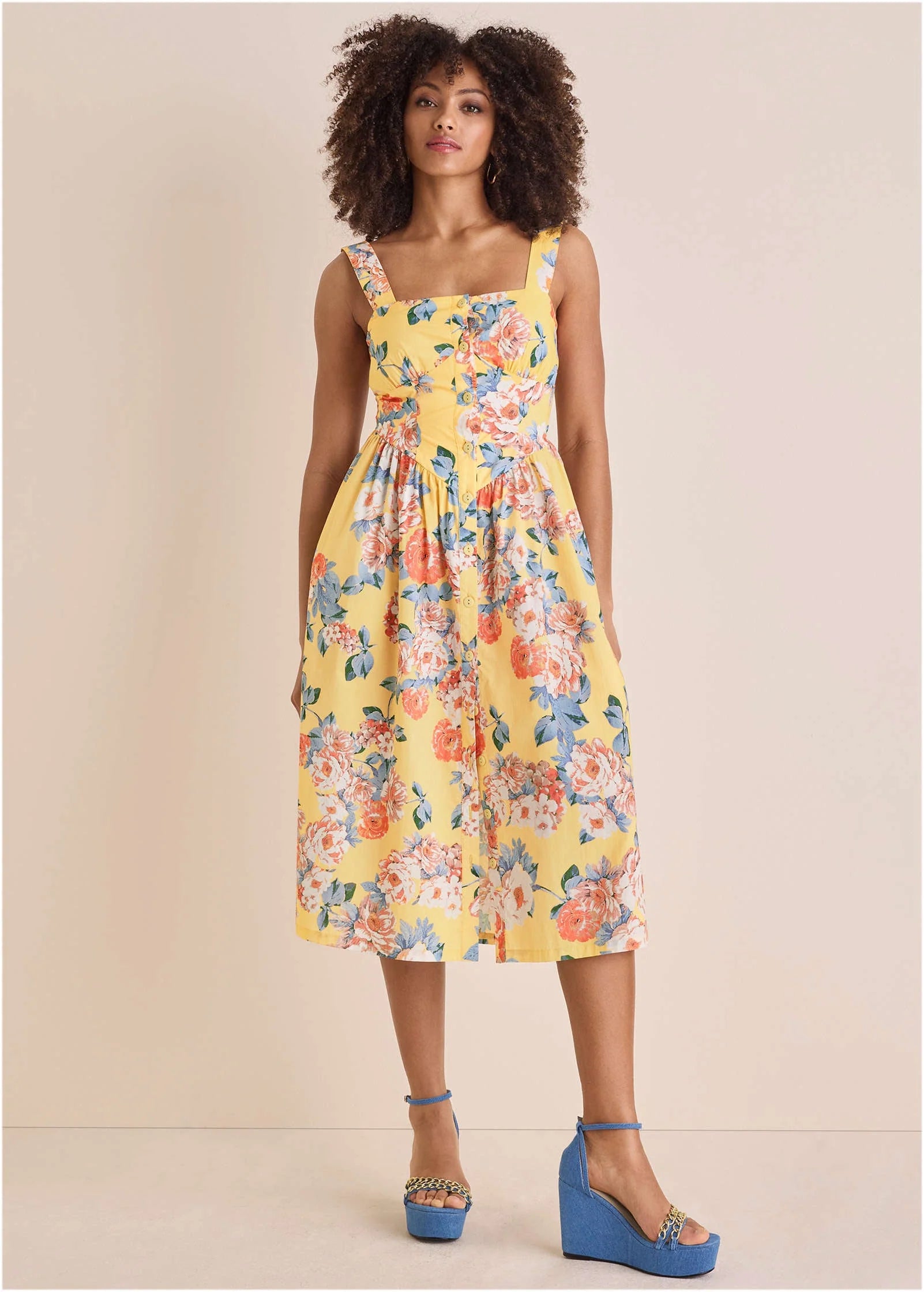 Floral Poplin Midi Dress Custard Roses