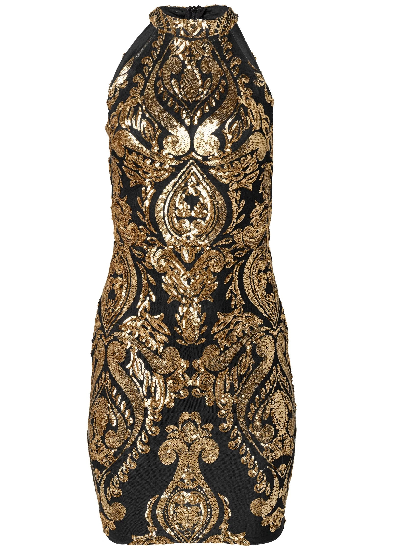 Embroidered Sequin Mini Dress Black Gold