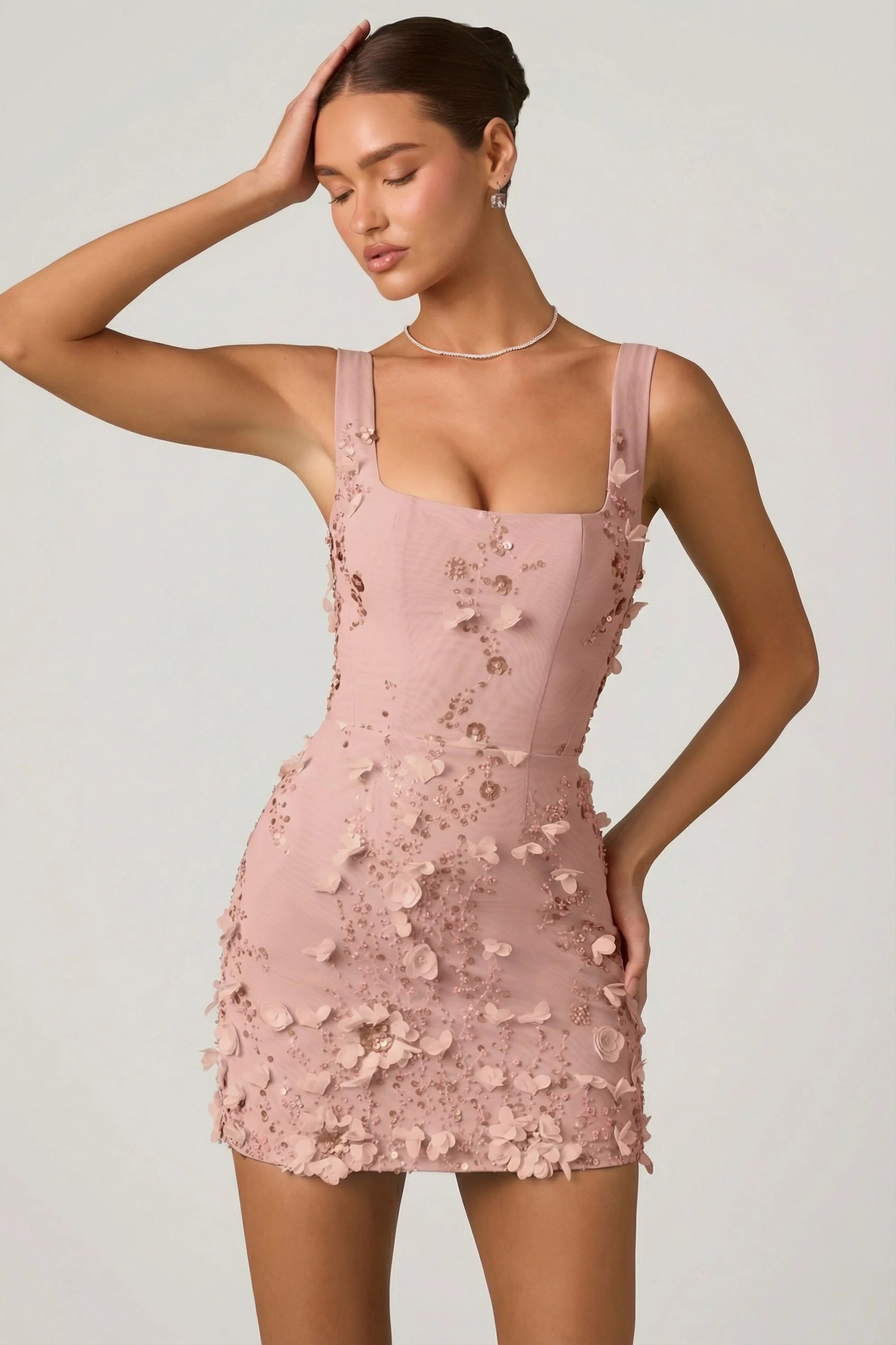 Embellished Appliqué Corset Mini Dress in Dusty Rose