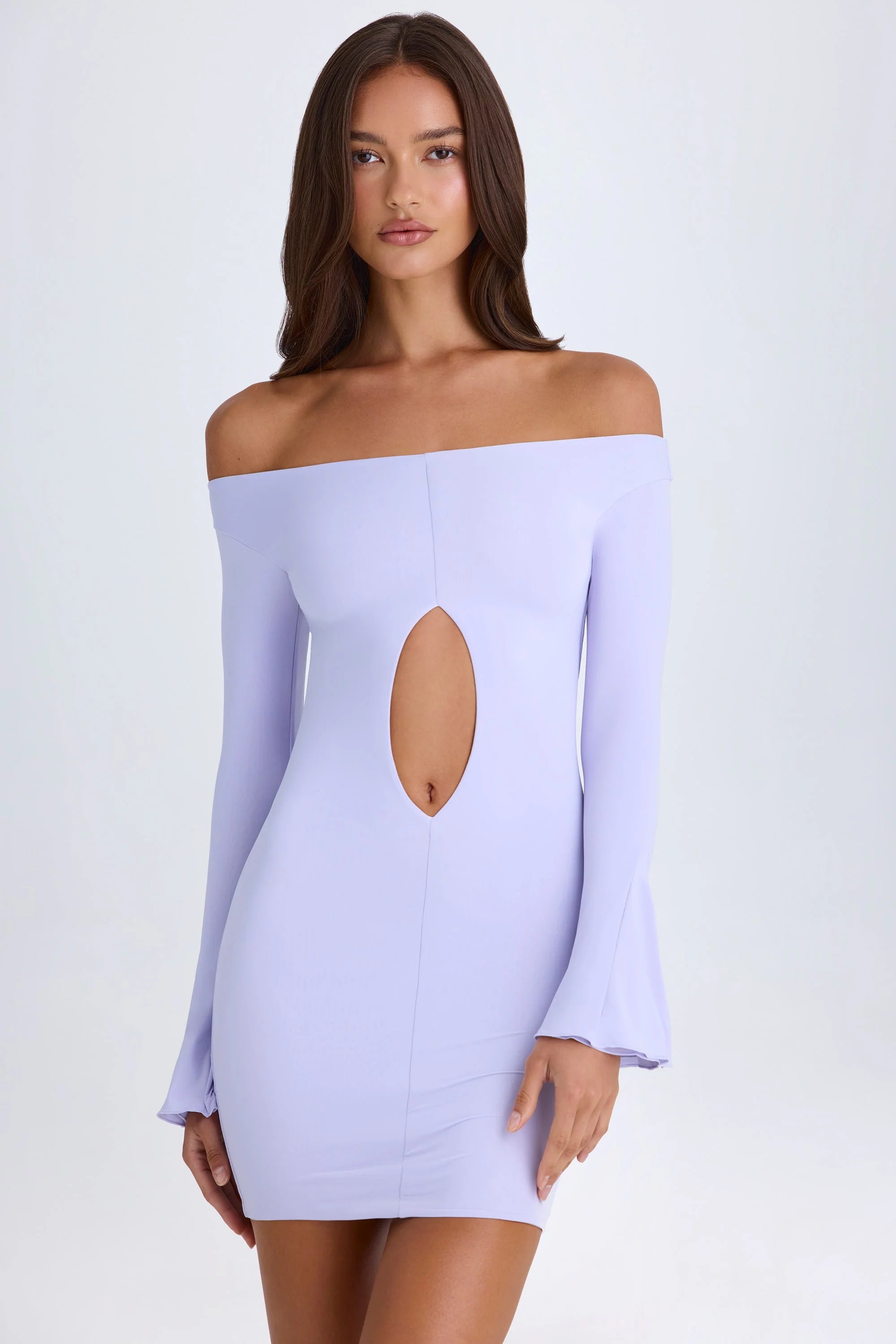 Off Shoulder Cut Out Mini Dress in Soft Lilac