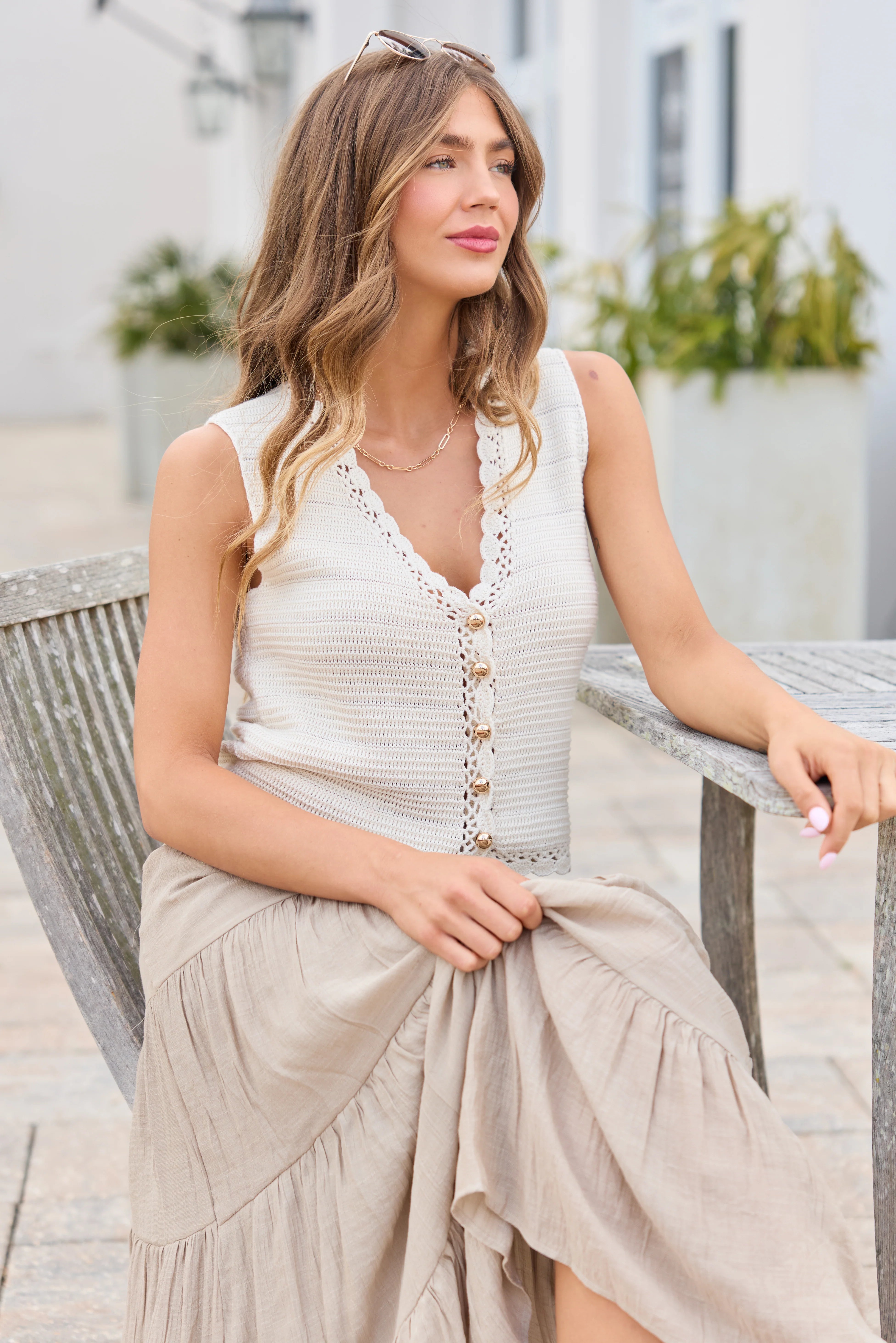 Waves Of Bliss Beige Crochet Sweater Tank Vest