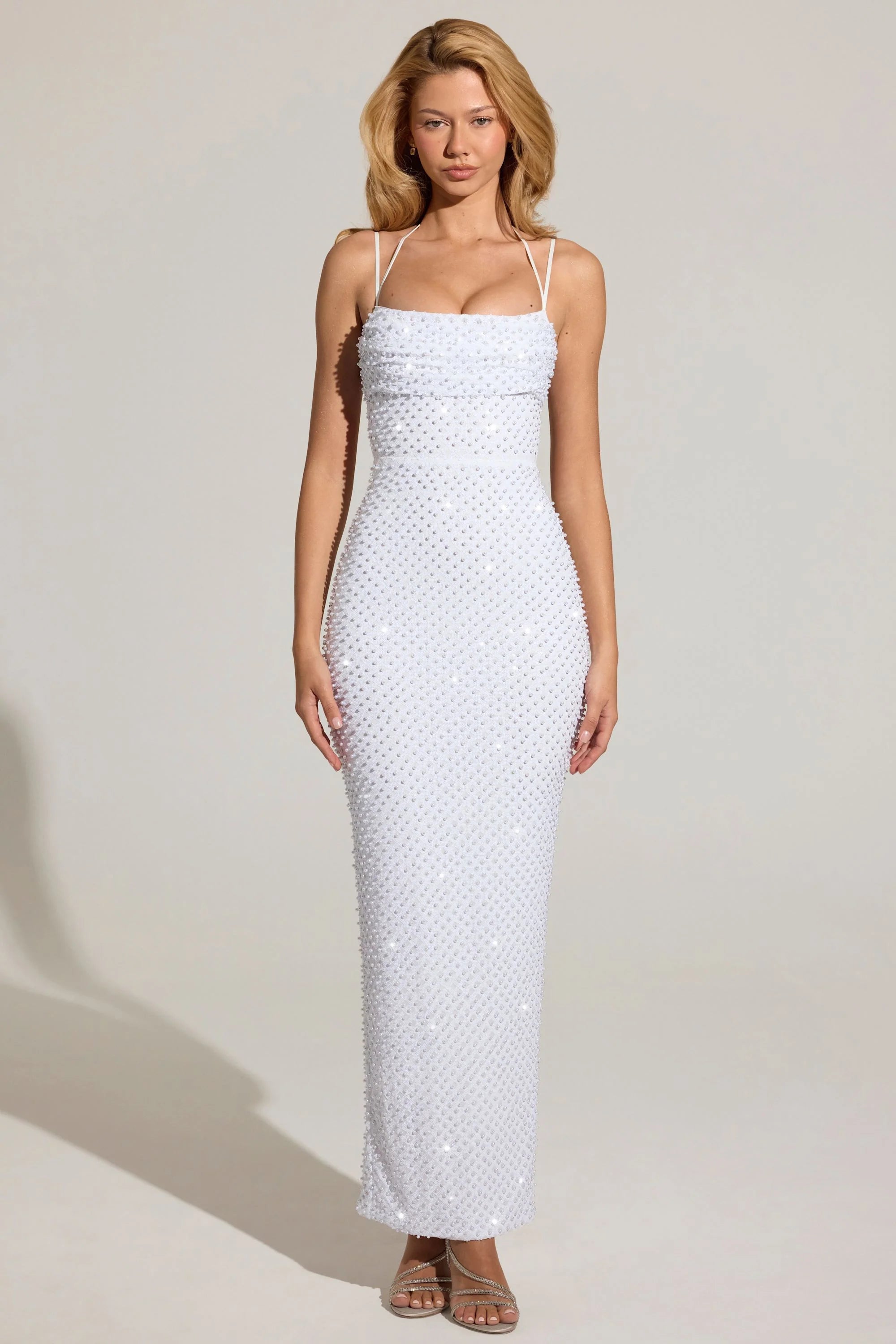 Embellished Cowl Neck Maxi Dress in White