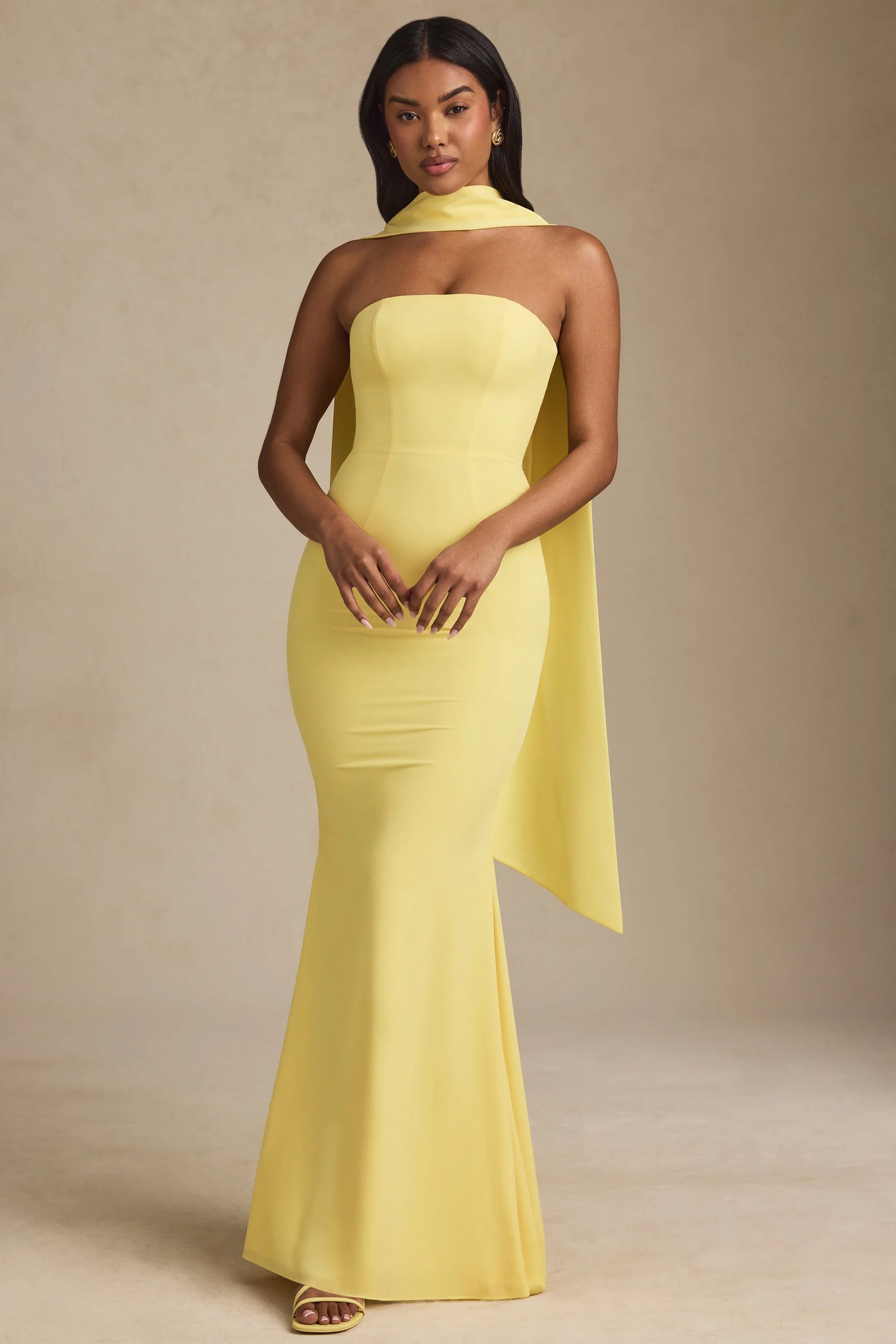 Scarf Detail Strapless Gown in Pastel Yellow