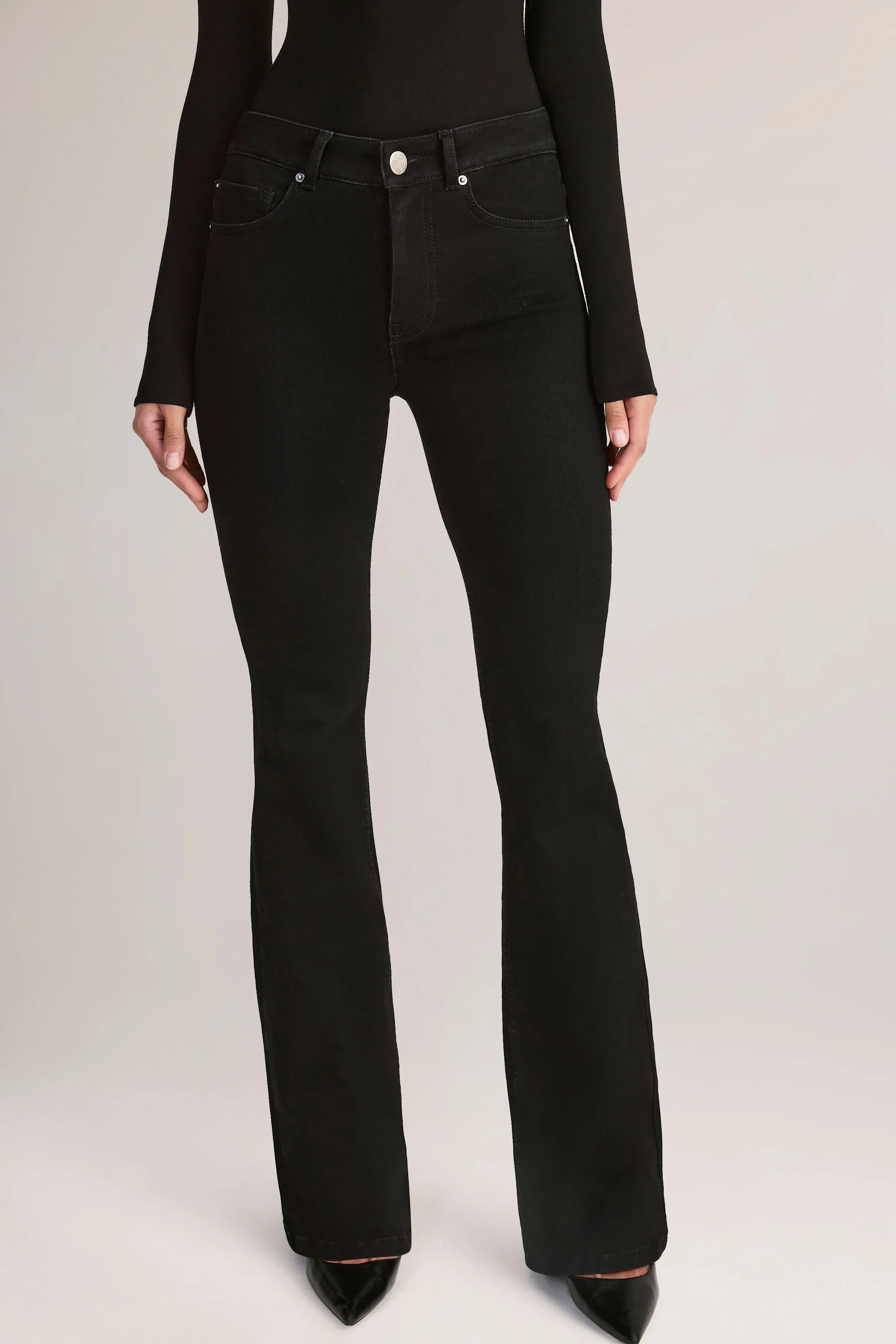 Denim Mid Rise Flared Jeans in Black