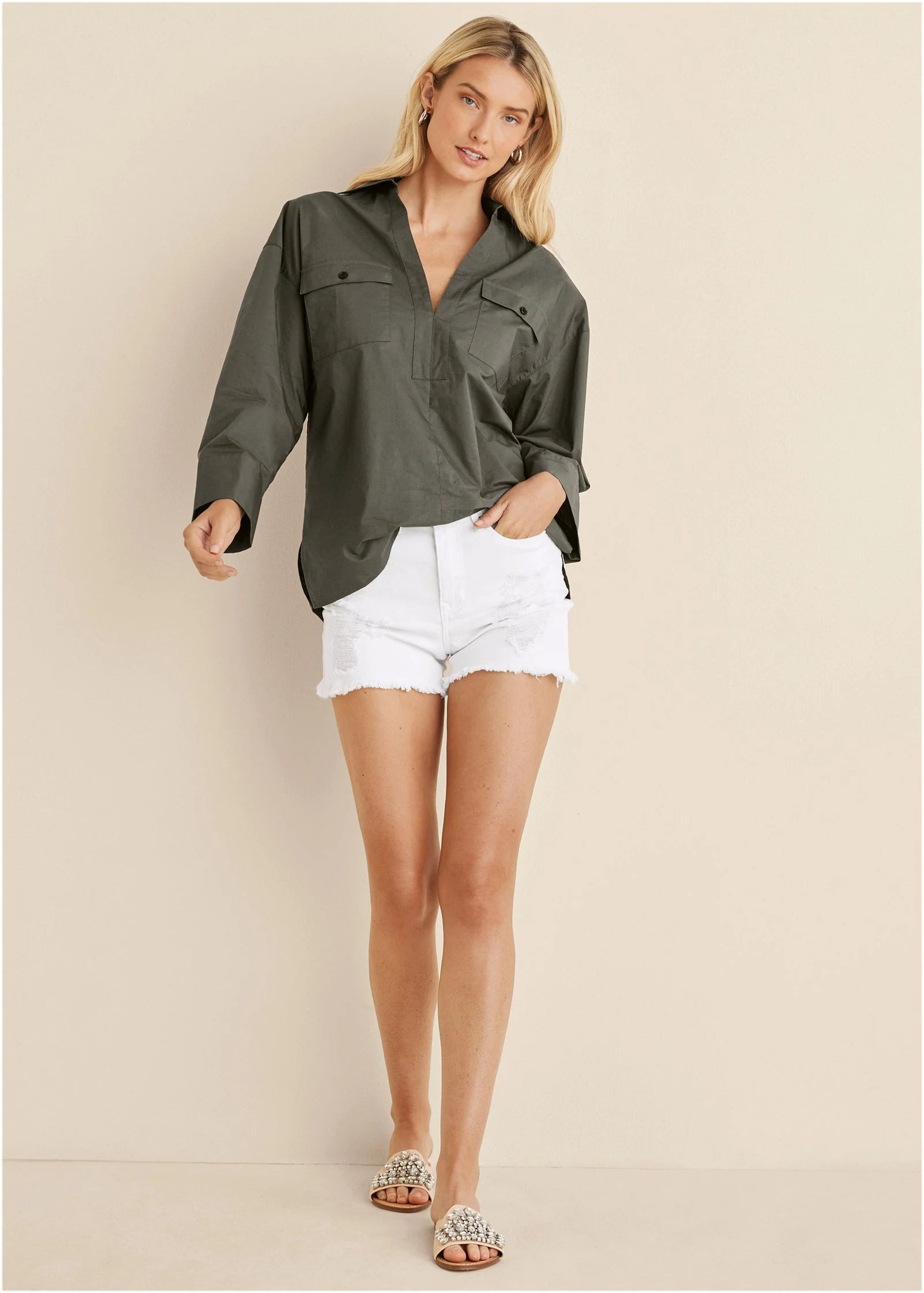 V Neck Oversized Shirt Olive