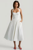 Button Detail Halterneck Midaxi Dress in White
