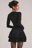V Neck Ruffle Skirt Mini Dress in Black