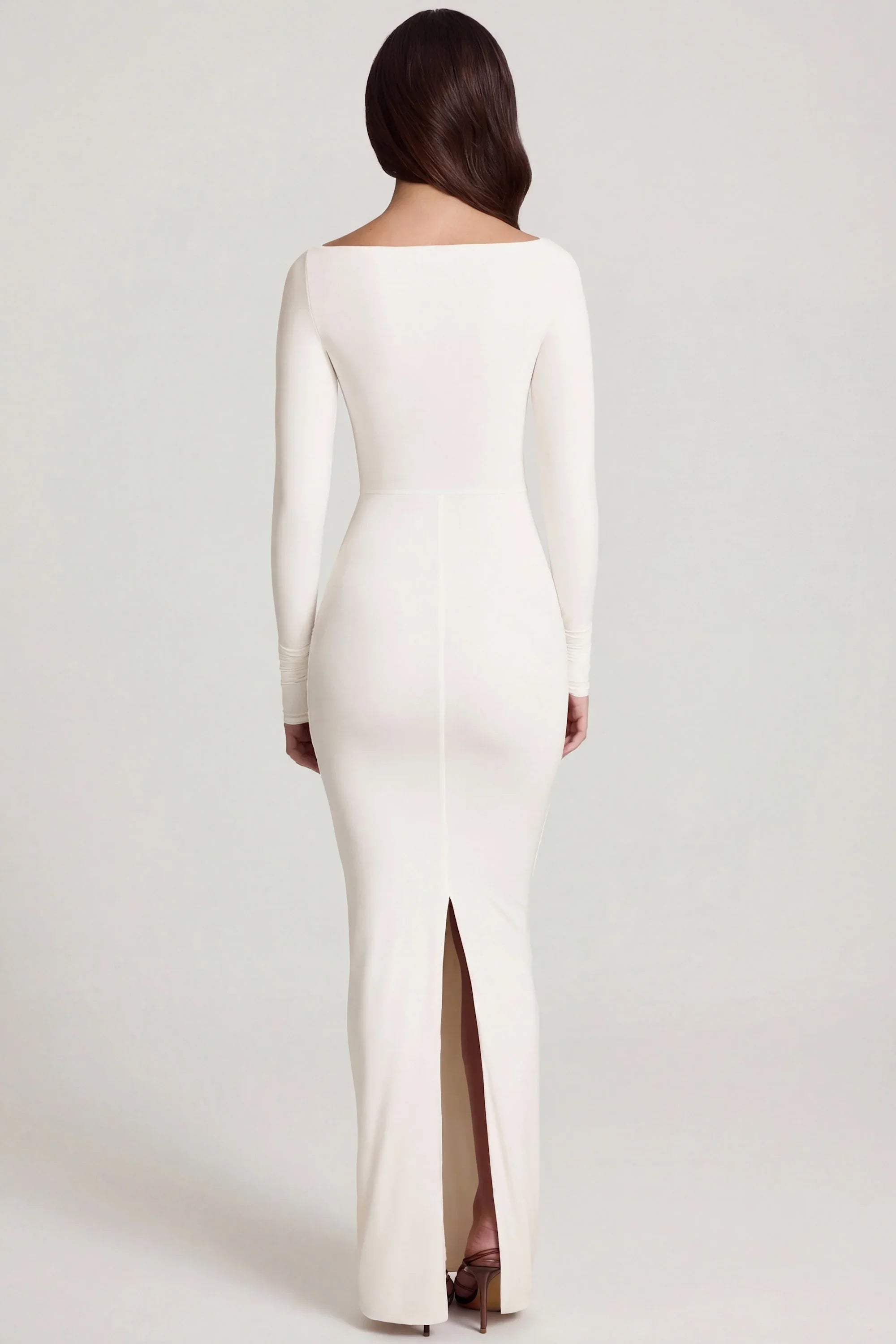 Soft Jersey Boat Neck Tie Gather Maxi Dress in White