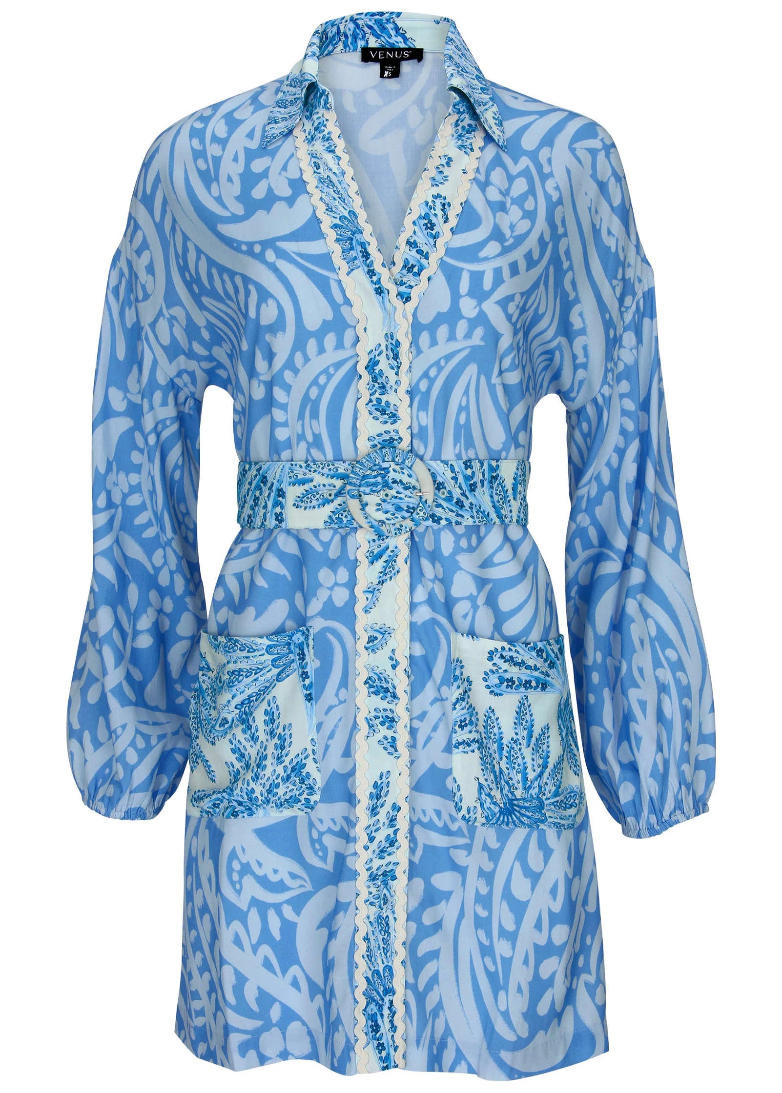Belted Mini Shirt Dress Blue Allover Spring Paisley