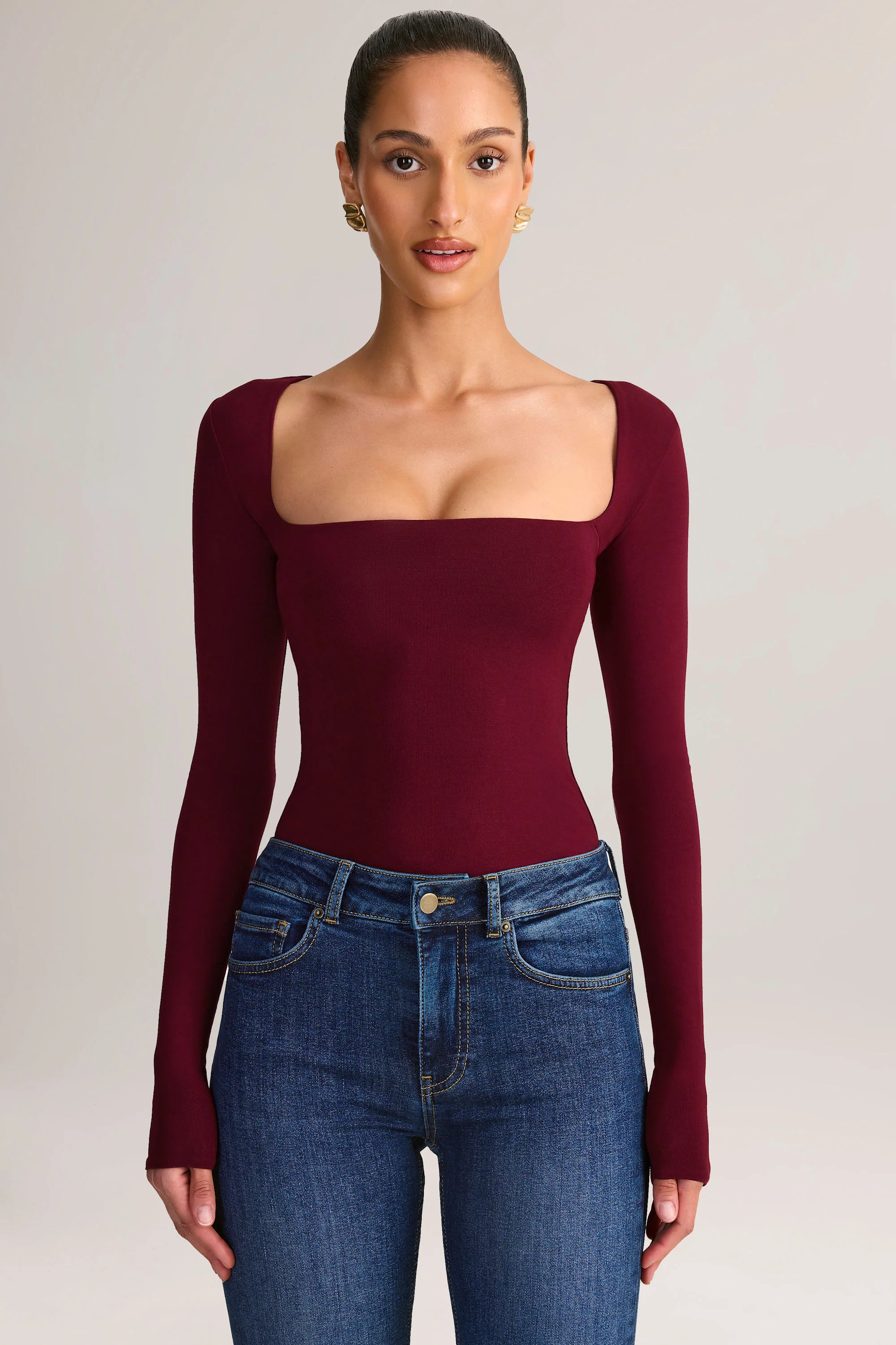 Modal Square Neck Long Sleeve Top in Wine