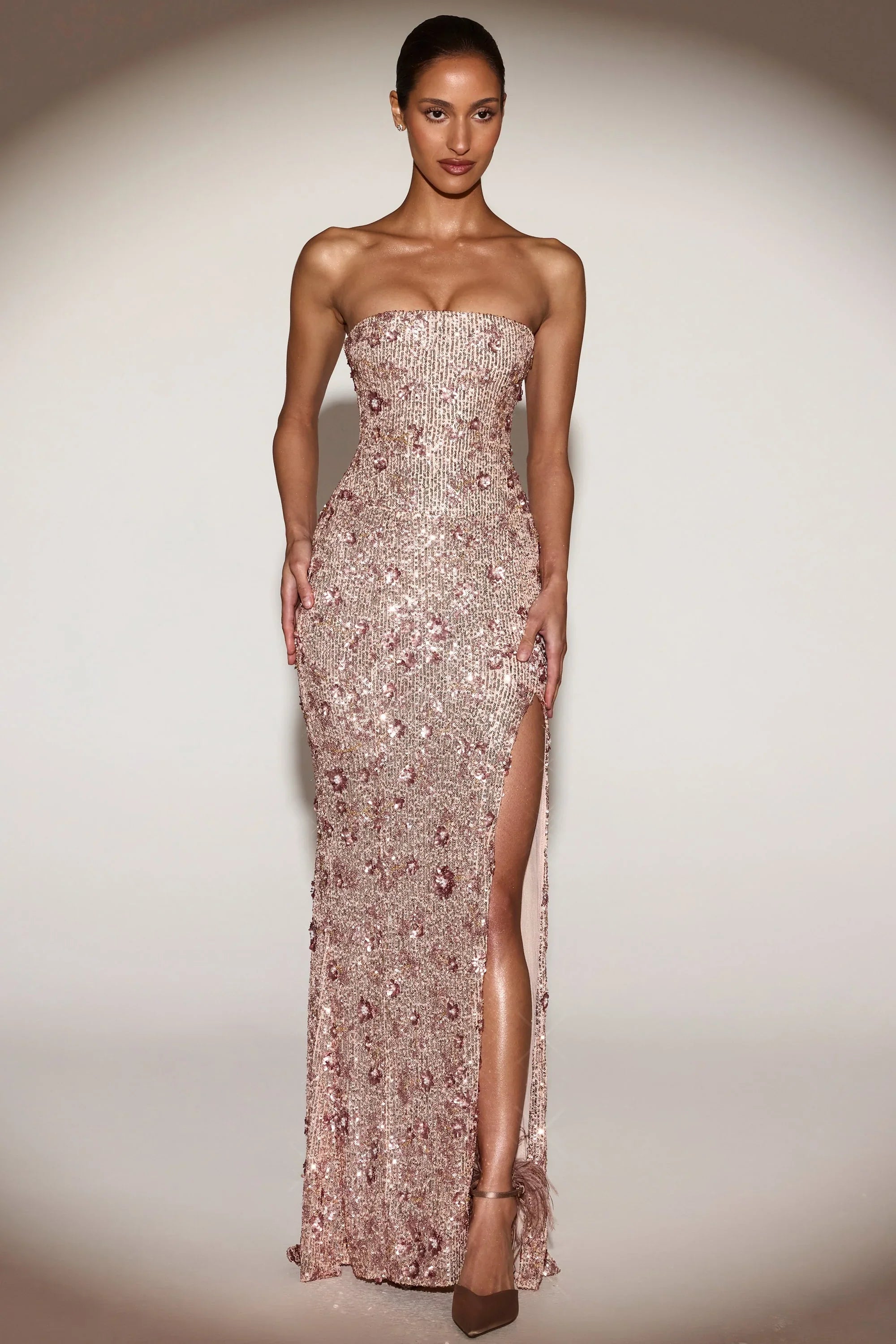 Embellished Bandeau Neck Strapless Gown in Rose Gold
