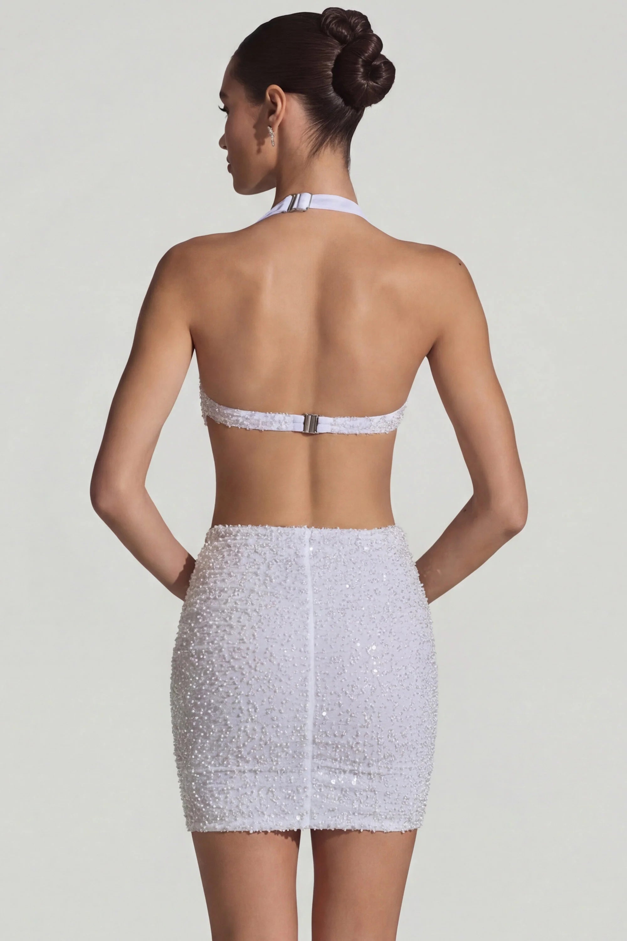 Embellished Cut Out Halterneck Mini Dress in White