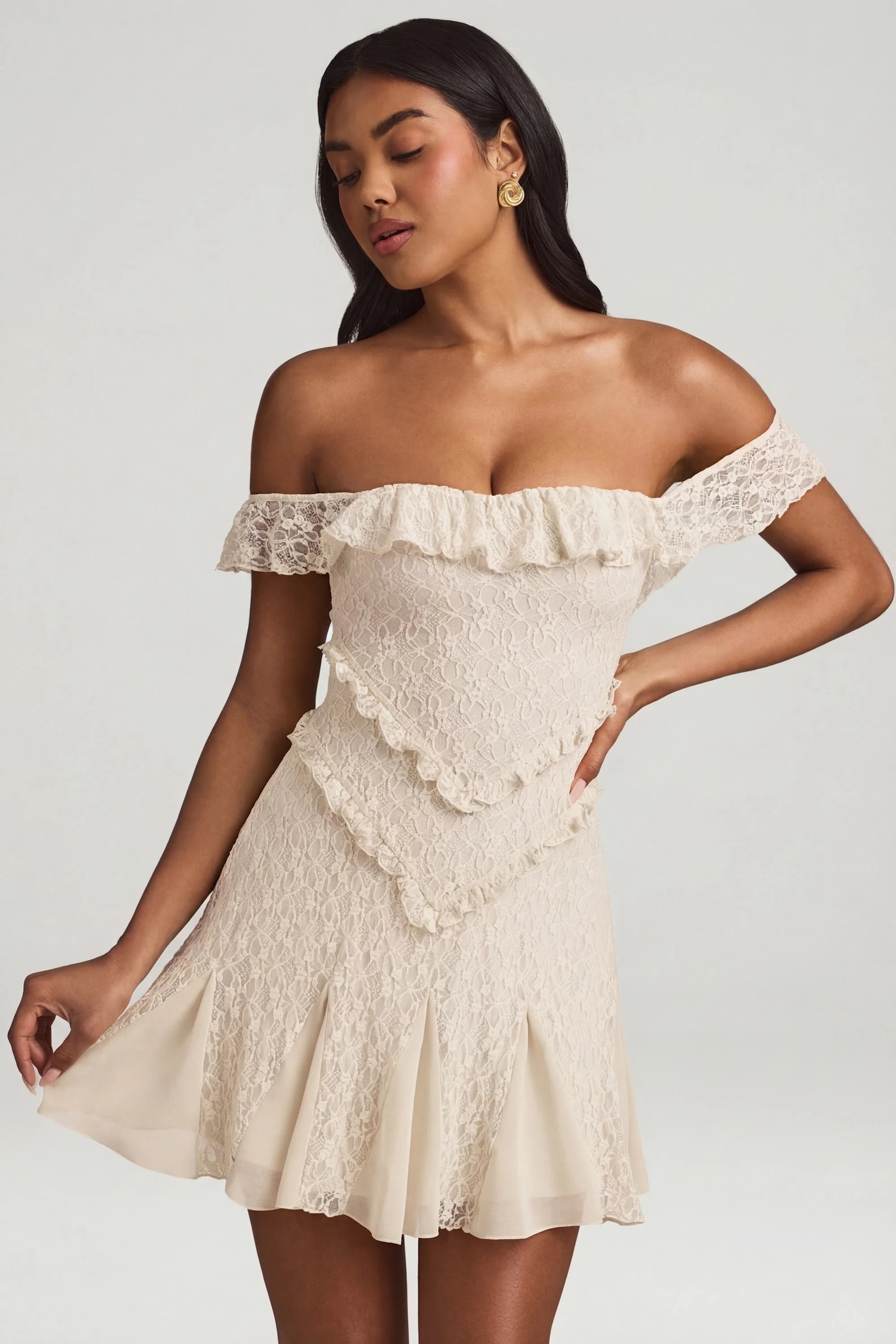 Off Shoulder Lace A Line Mini Dress in Ivory