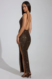Embellished Scoop Neck Thigh Split Maxi Dress in Brown