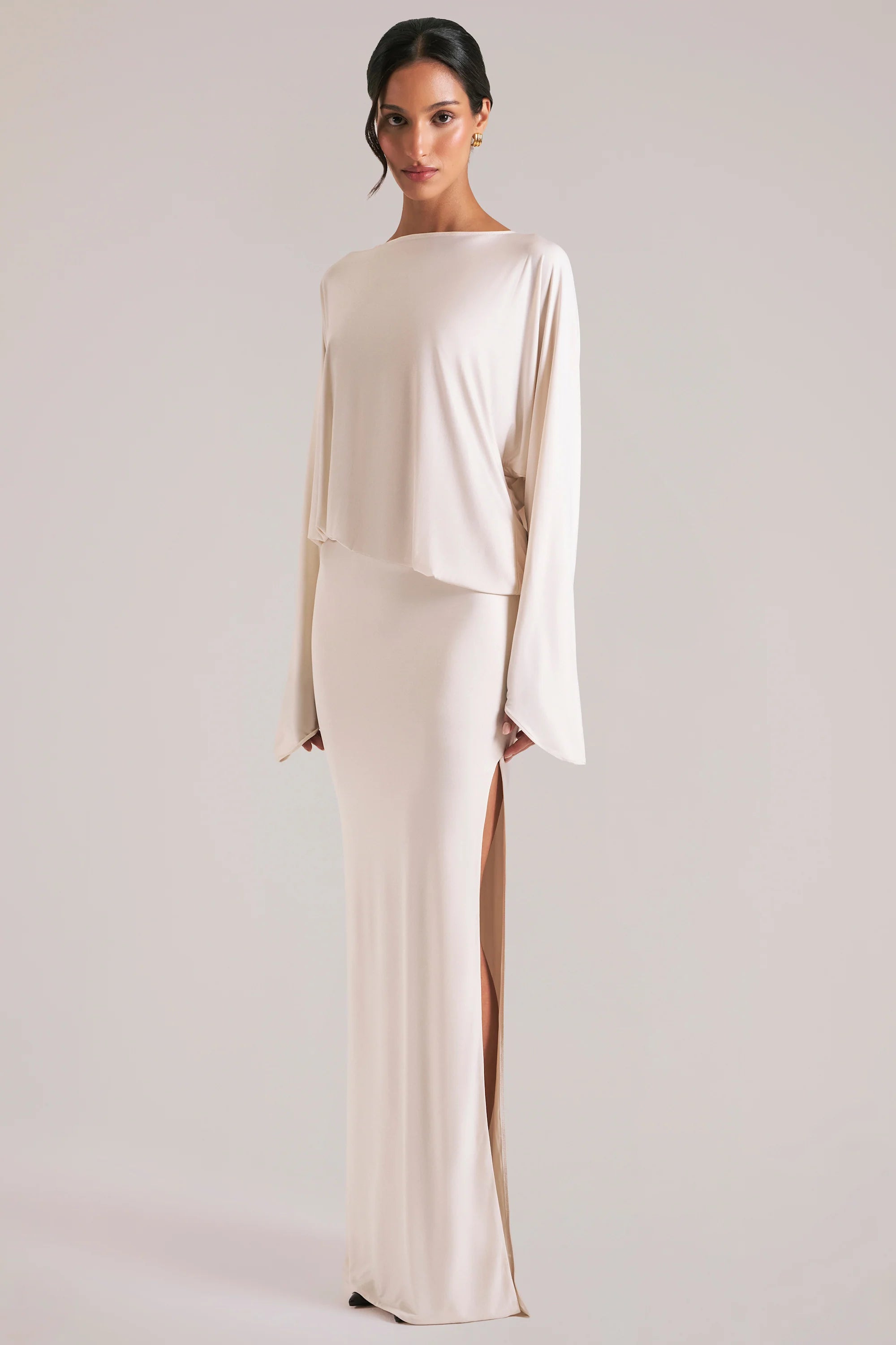 Long Sleeve Draped Maxi Dress in Vanilla