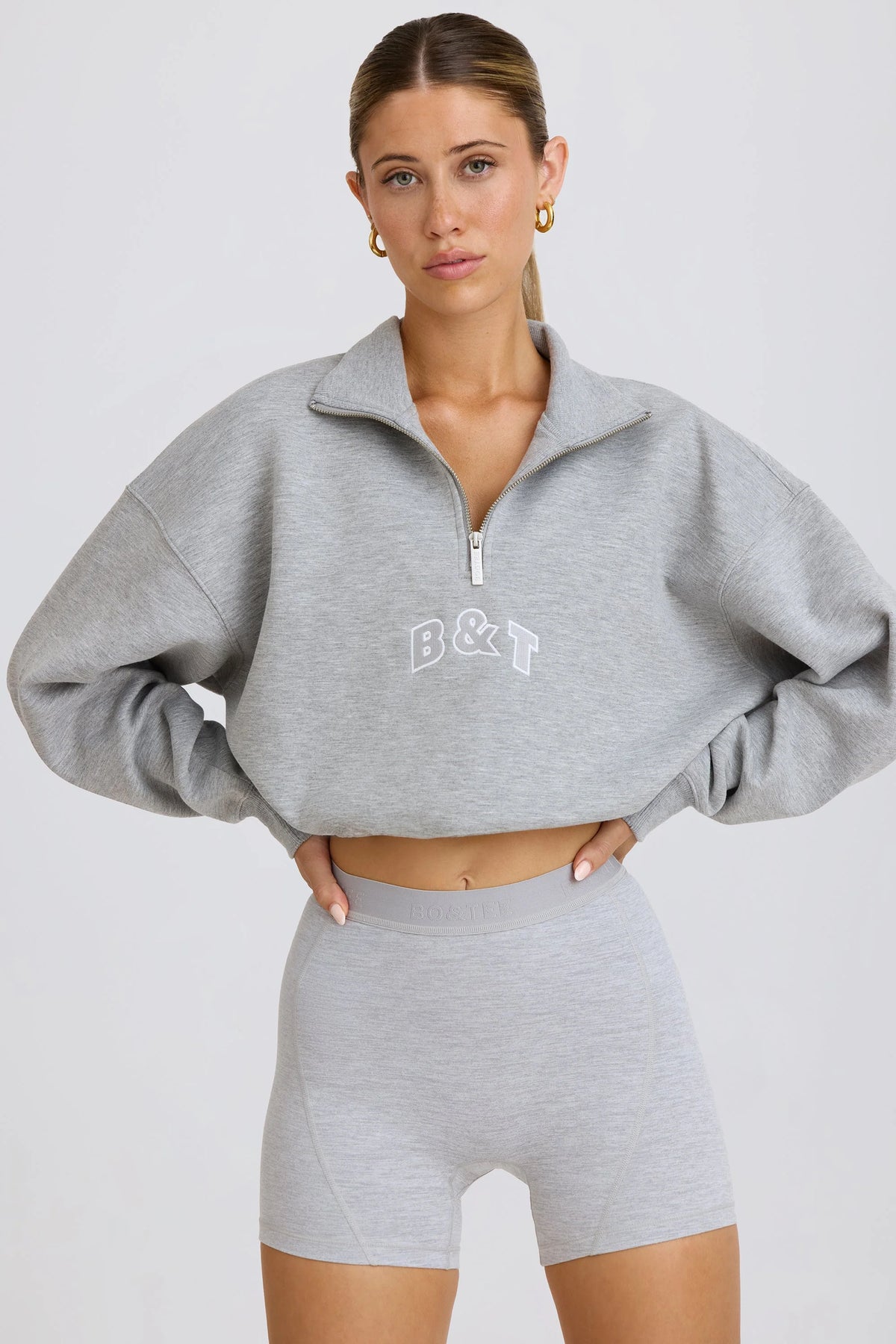 Quarter Zip Cropped Sweatshirt in Grey Marl