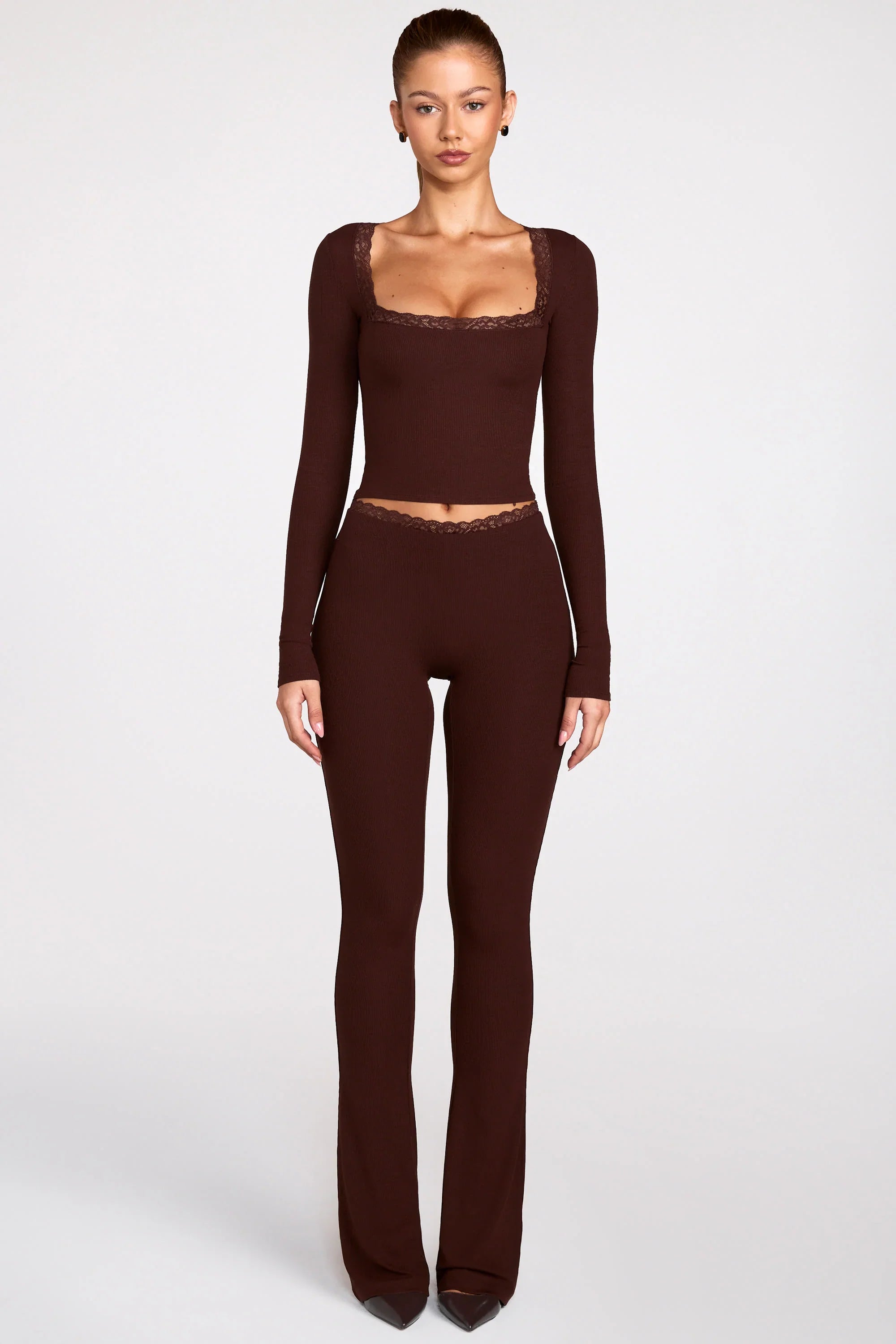 Ribbed Modal Square Neck Long Sleeve Top in Chocolate Brown