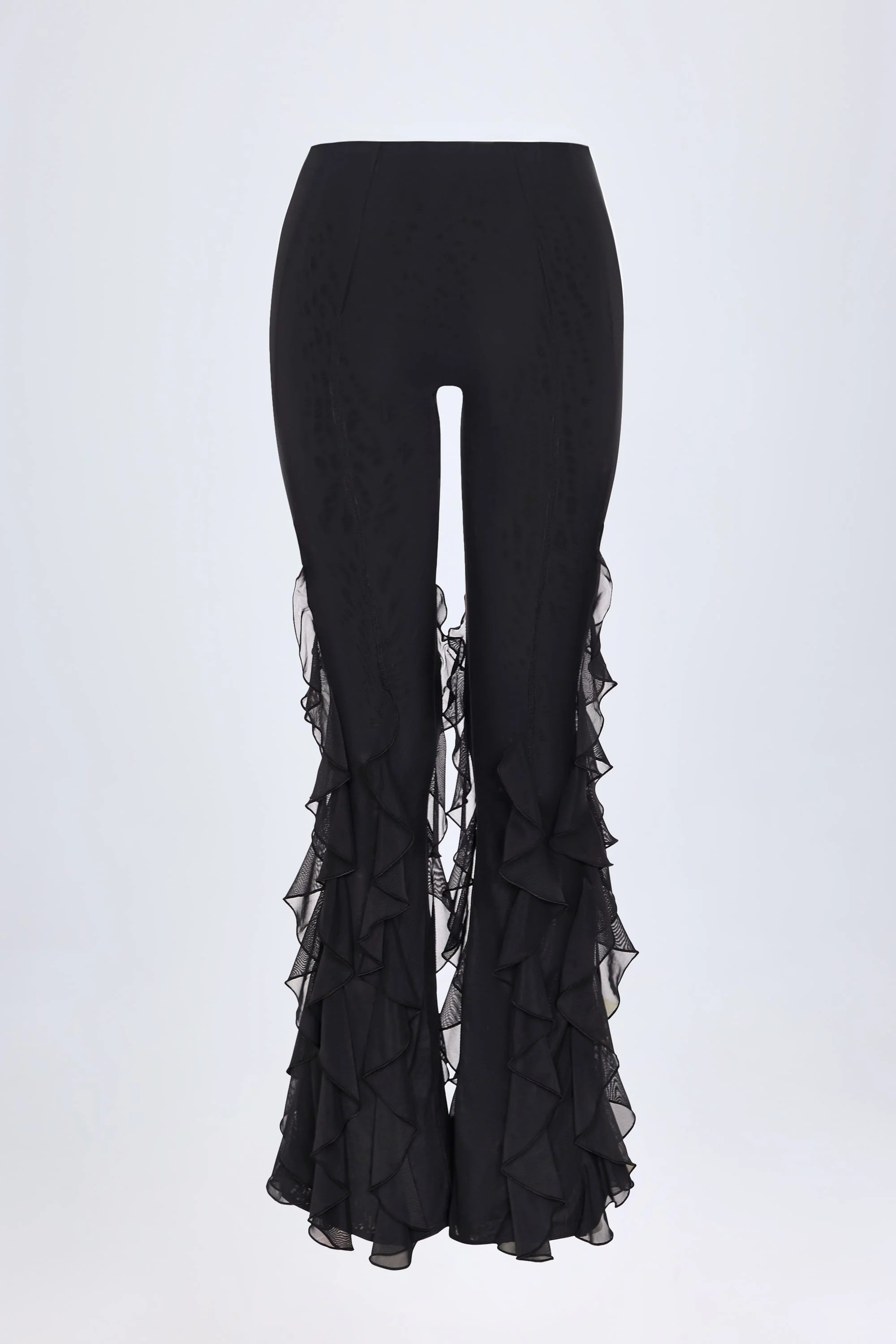 Ruffled Mid Rise Flared Trousers in Black