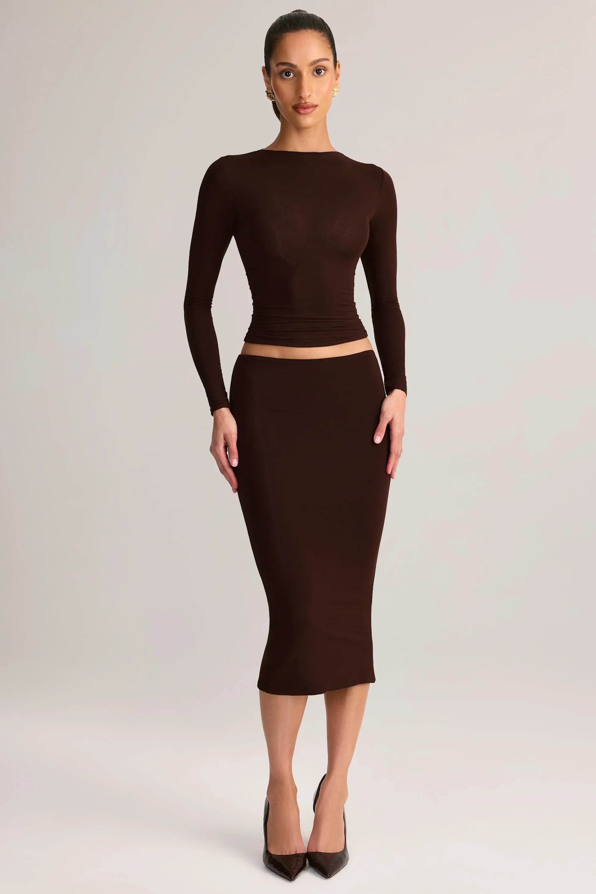 Modal Mid Rise Pencil Midi Skirt in Chocolate Brown