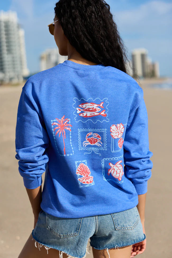 Coastal Stamps Blue Graphic Sweatshirt