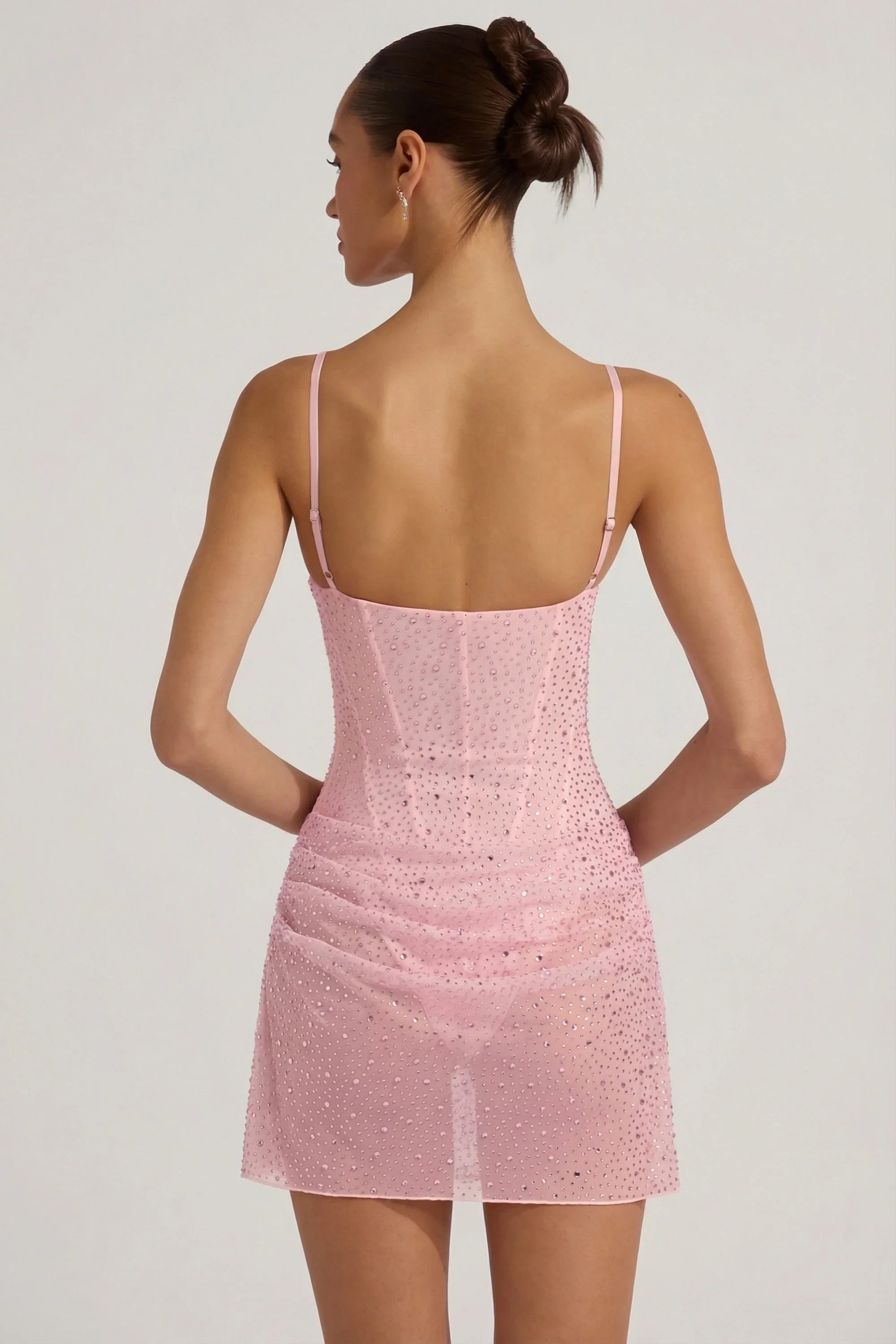 Semi Sheer Embellished Draped Corset Mini Dress in Pink