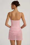 Semi Sheer Embellished Draped Corset Mini Dress in Pink